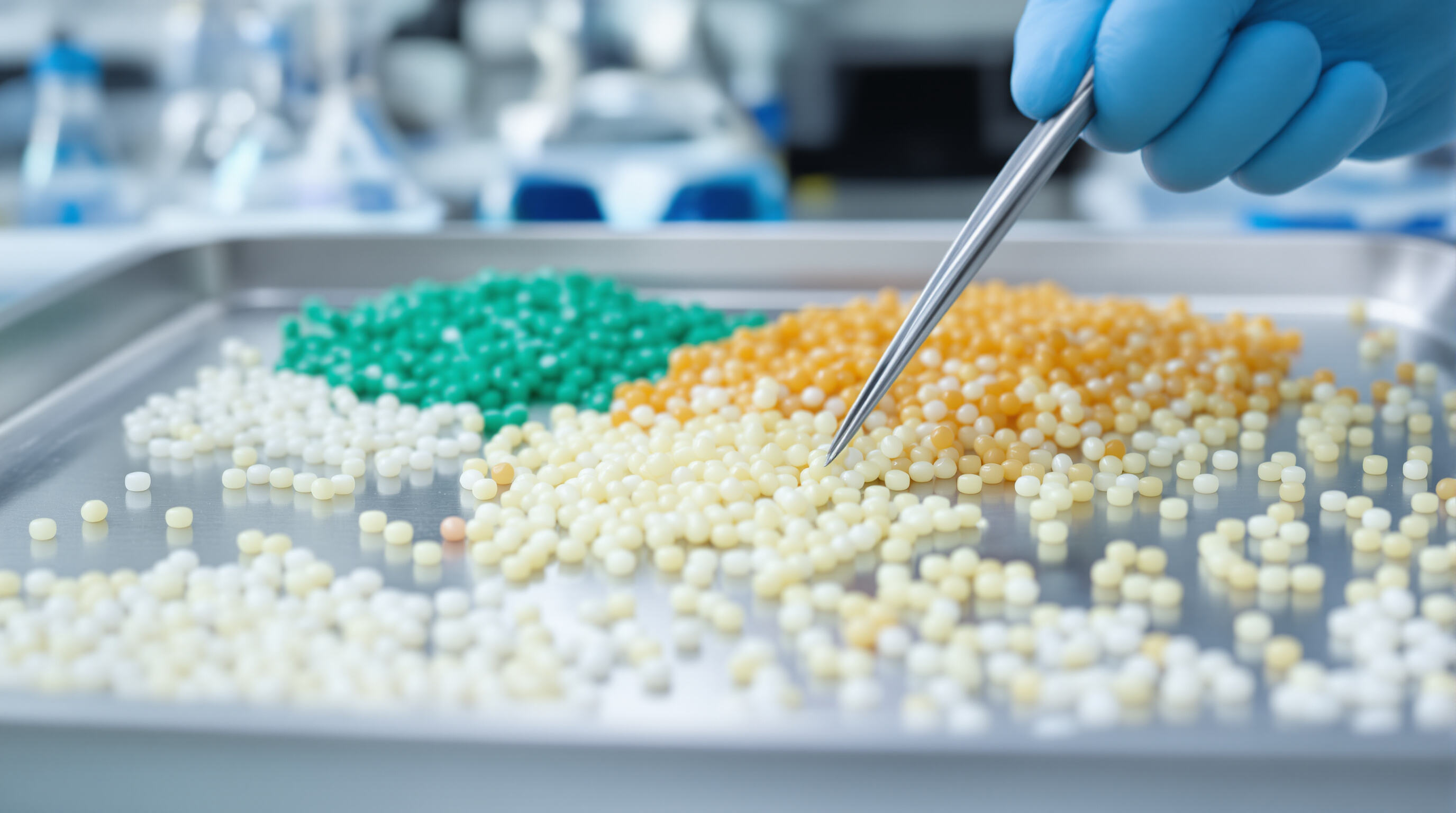 Lab technician examining different polyurethane resin samples for material selection