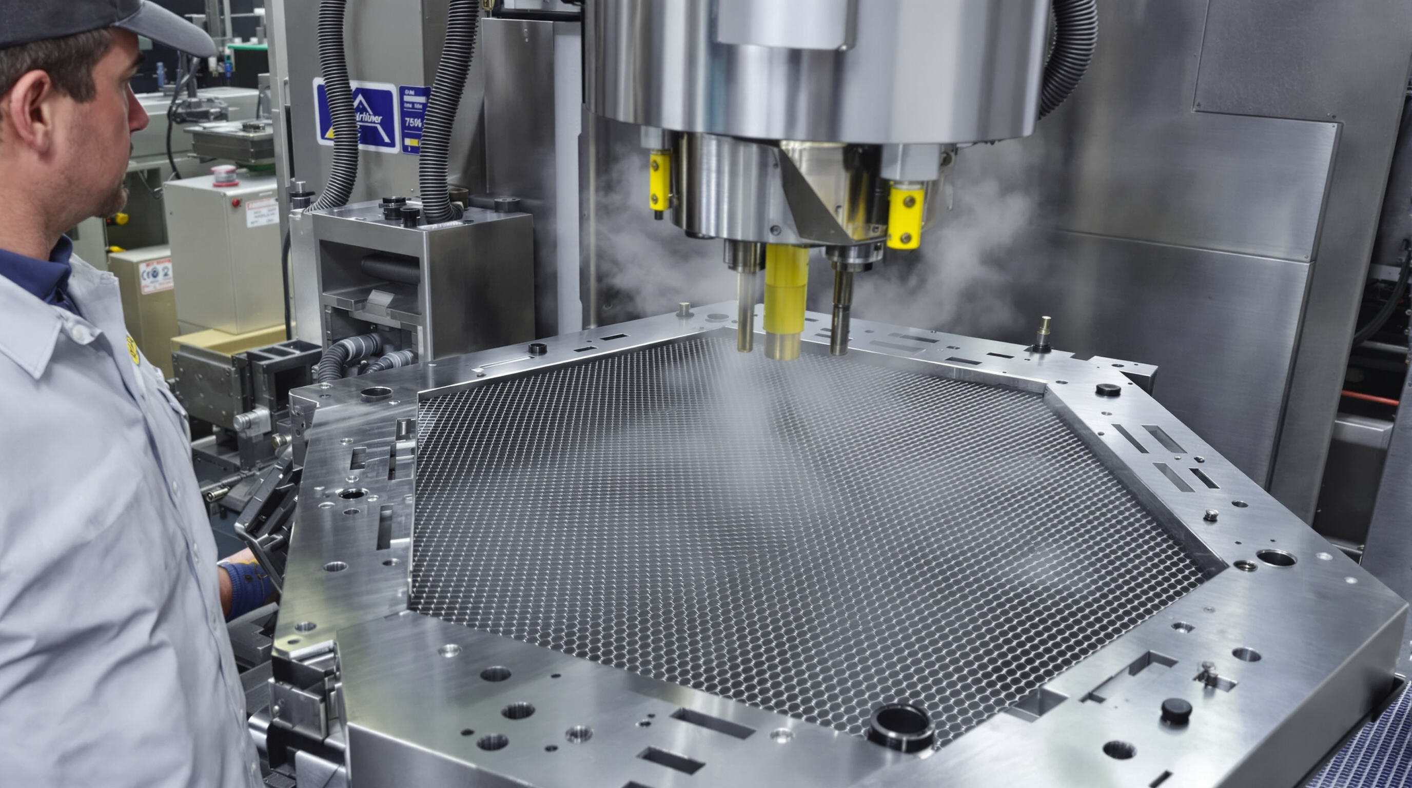 Technician overseeing polyurethane screen mesh manufacturing using precise CNC molds