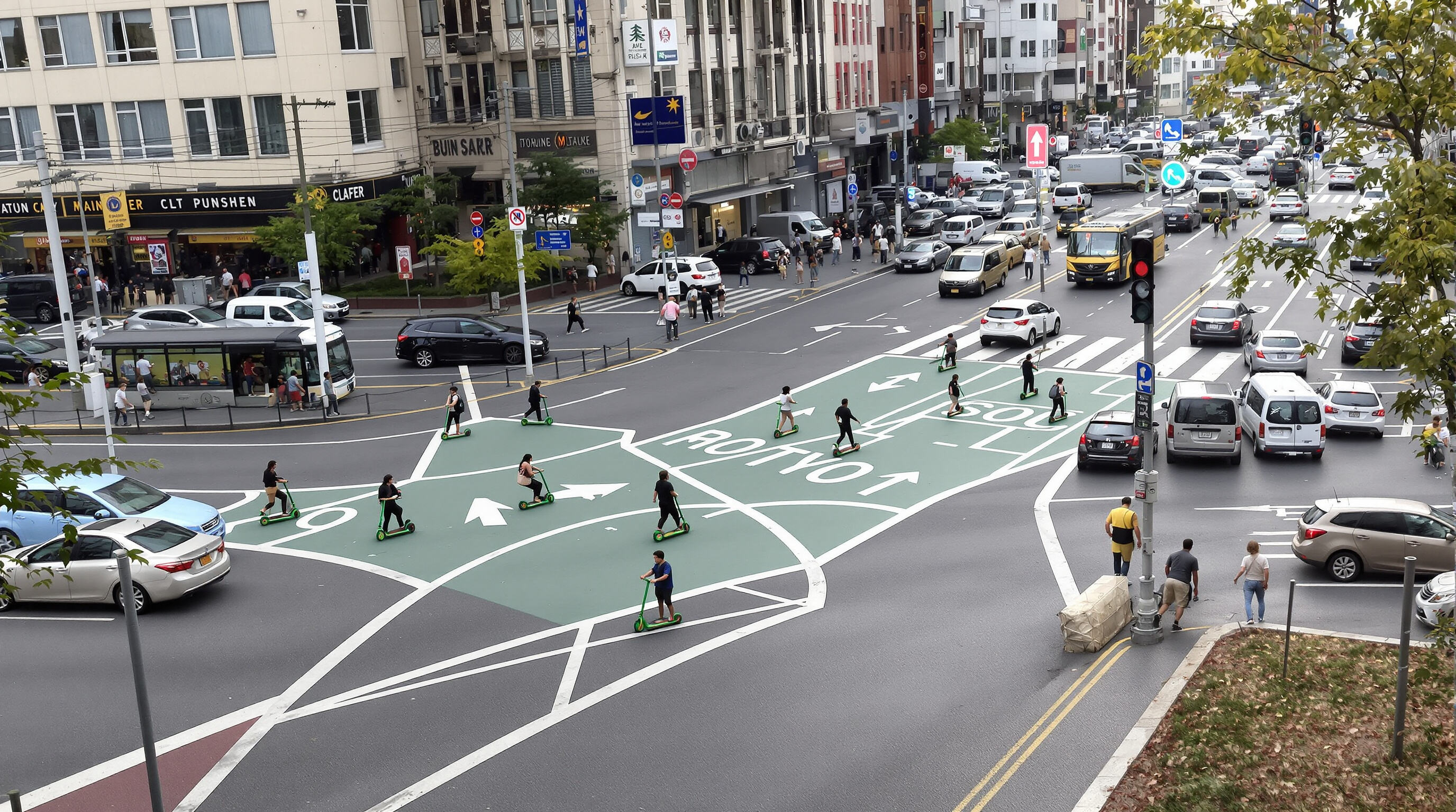 Photo of urban intersection with e-scooters using dedicated lanes and fewer cars, highlighting reduced congestion