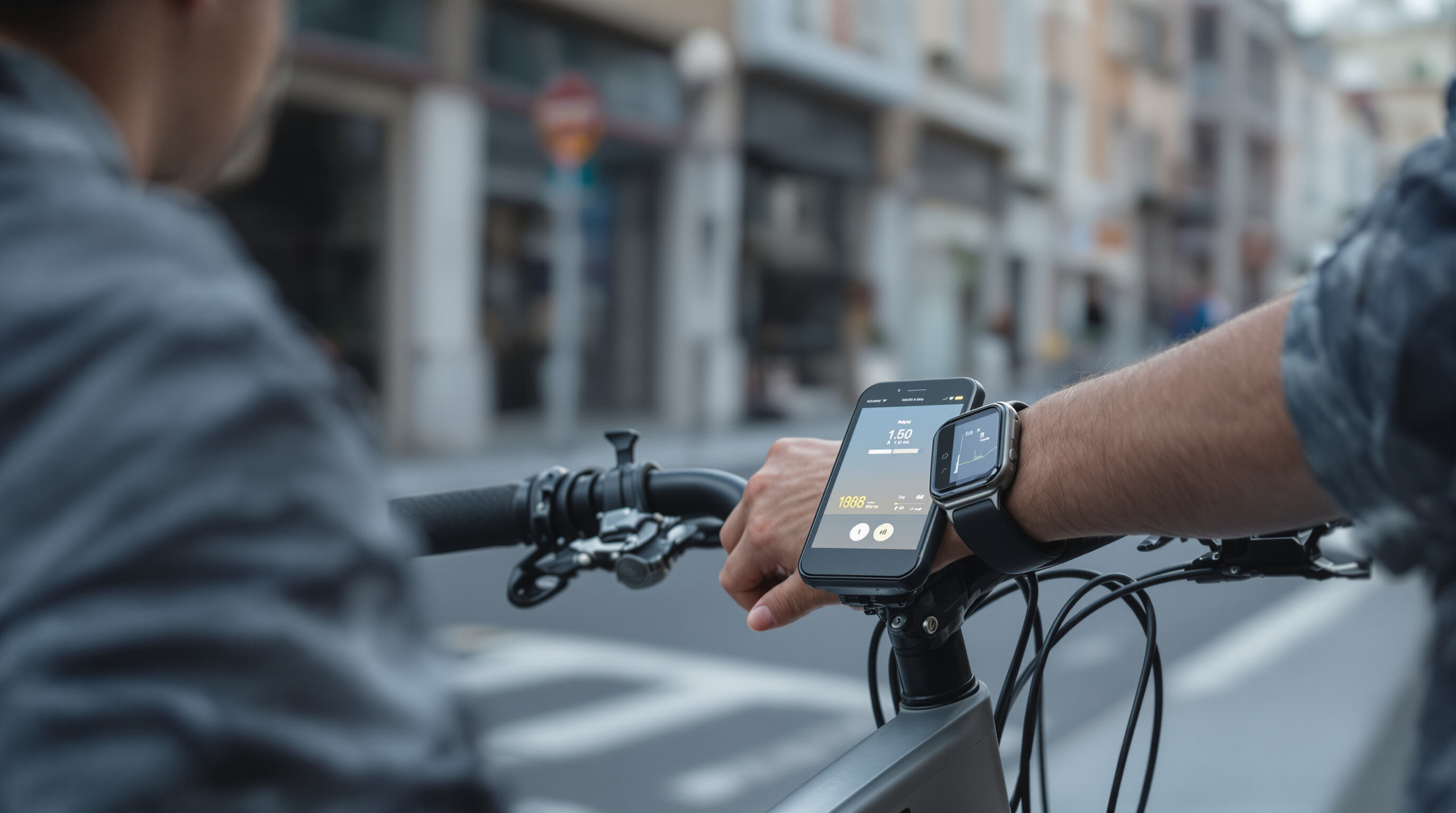 Urban cyclist checking a connected e-bikeâ€™s touchscreen display with data syncing to a smartwatch against a modern city backdrop