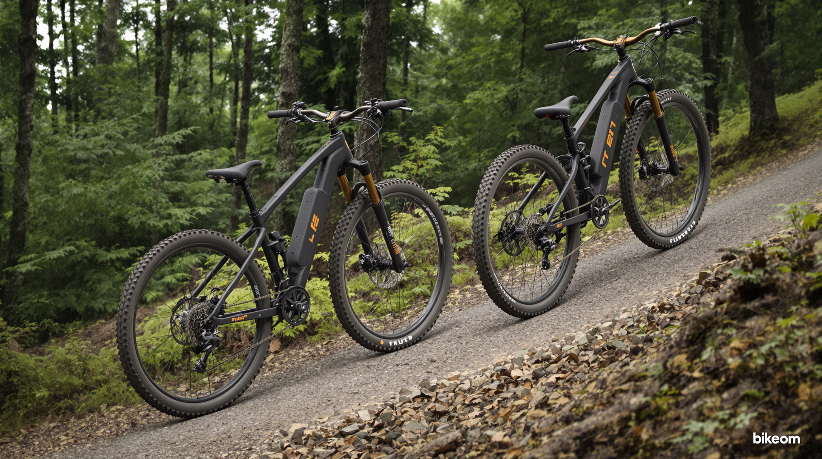 Two electric mountain bikes, one with dual motors and one with a single motor, climbing a forest hill.
