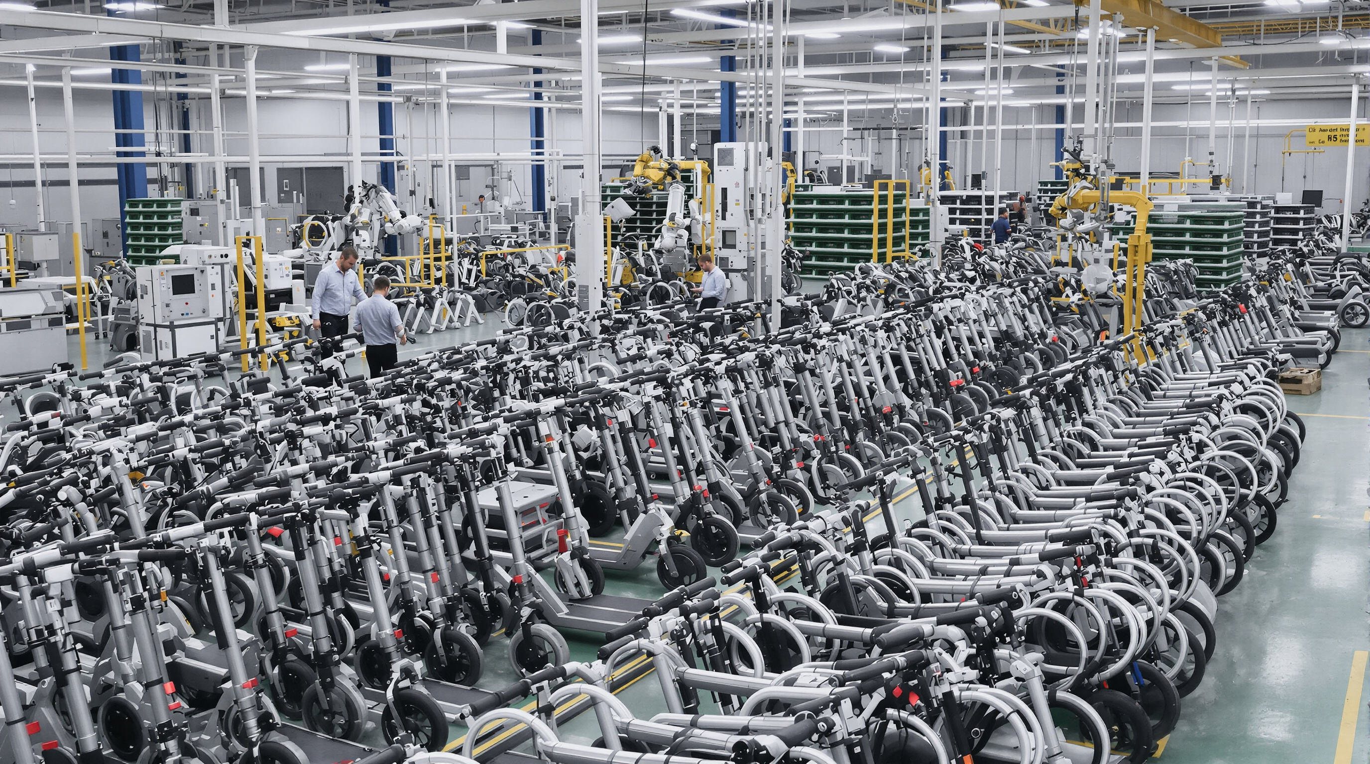 A photorealistic scene of an electric scooter factory showing mass production lines with custom-molded scooter frames and automated assembly processes
