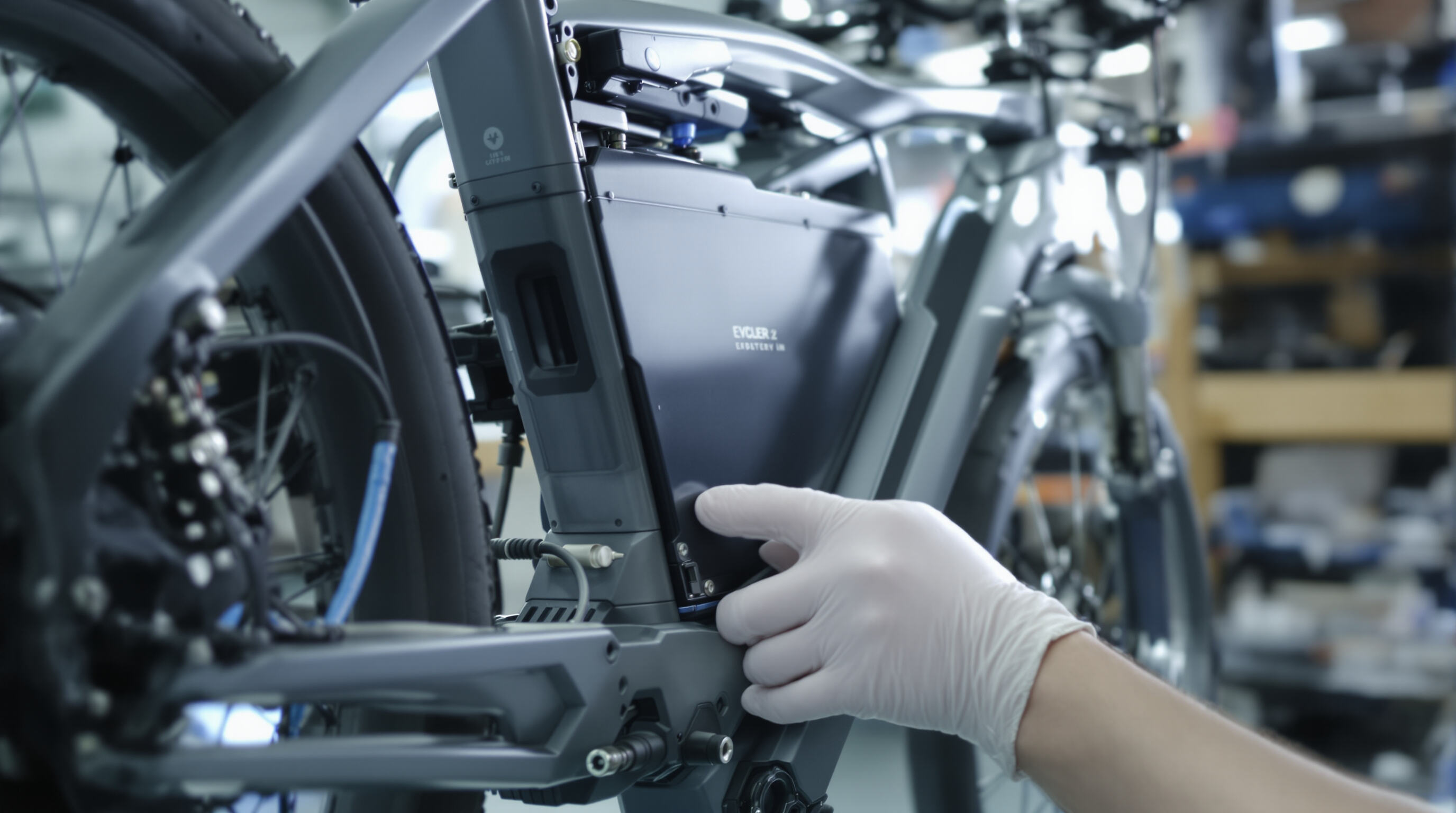 Technician inspecting the high-tech battery and motor system of a modern e-bike in an urban workshop
