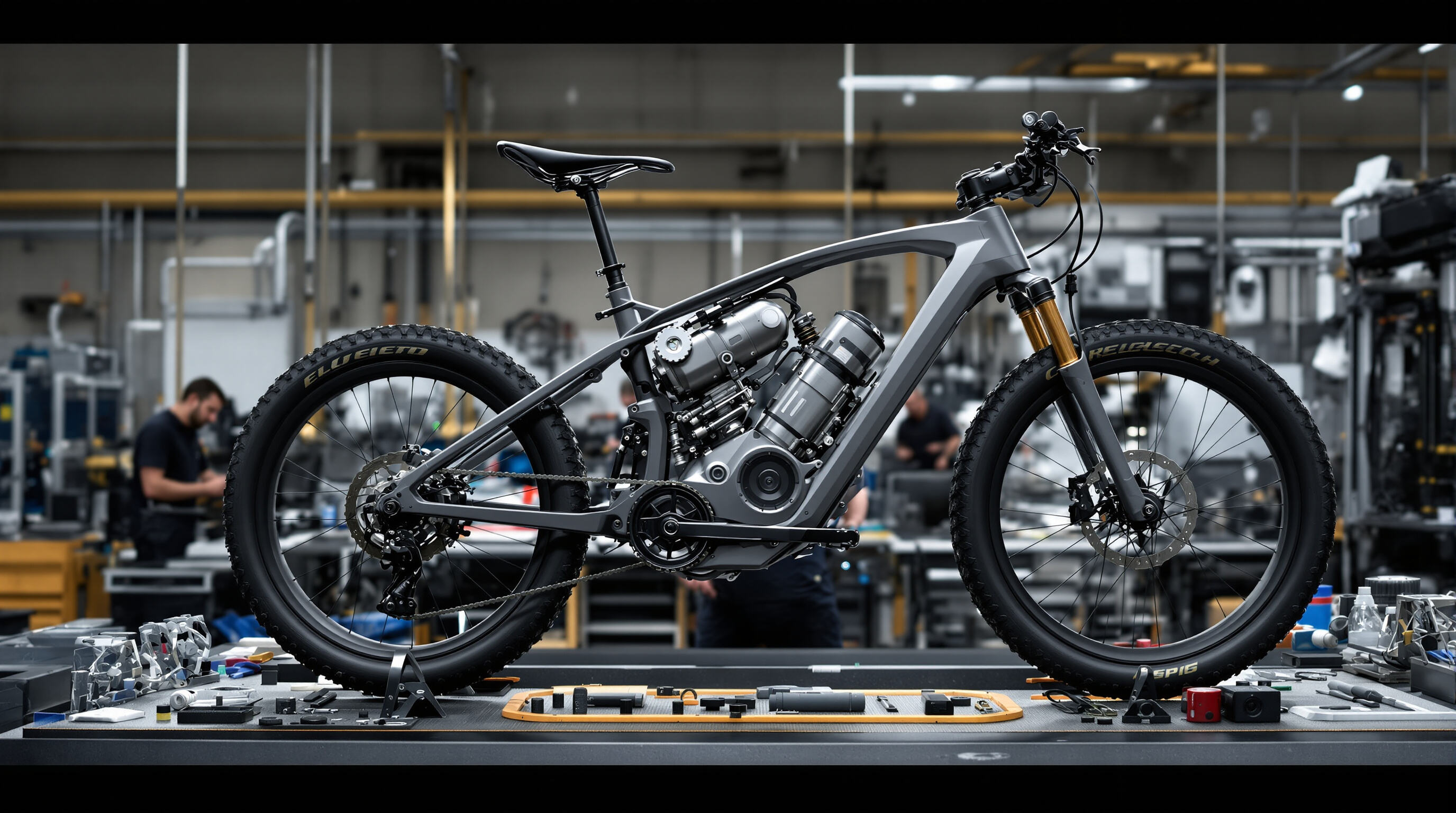 Engineers assemble a prototype dual motor electric bike in a modern workshop with advanced components.