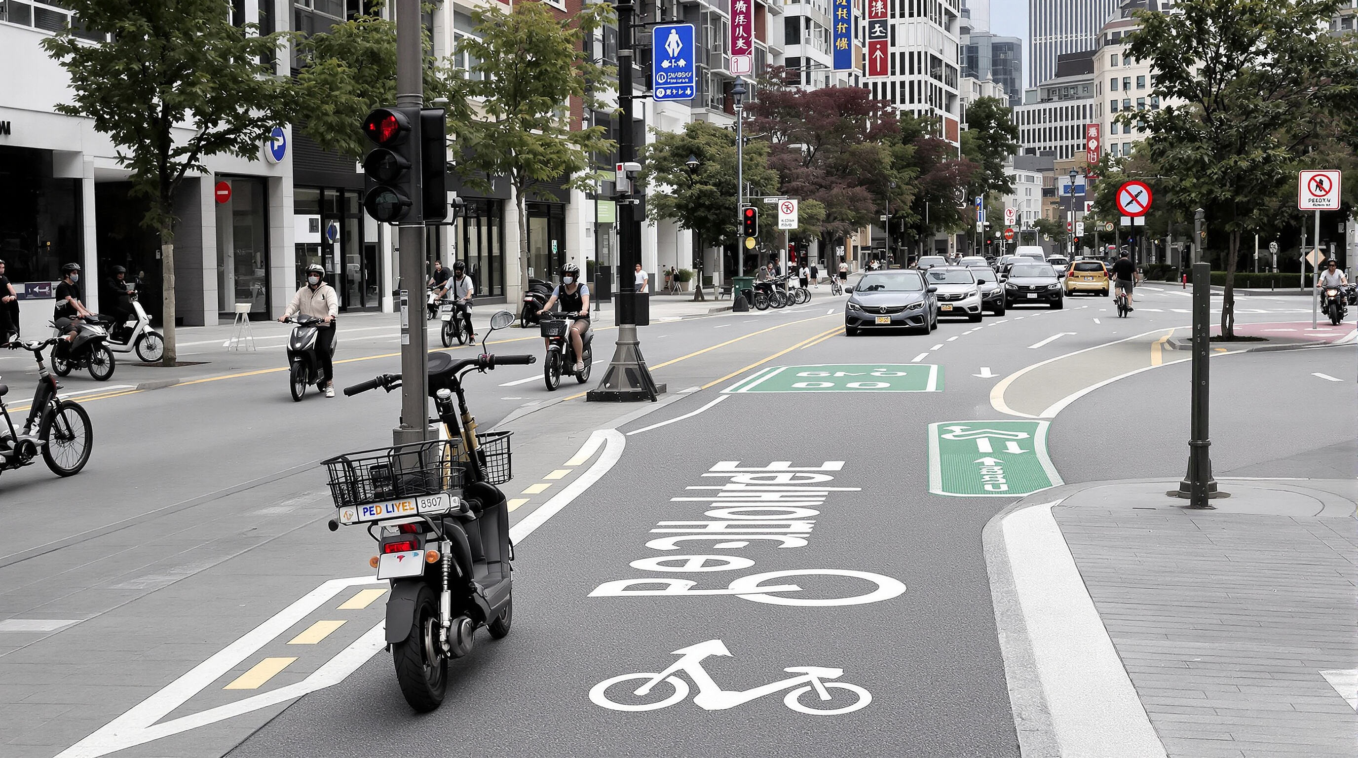 Photo of a city street showing shared bike and scooter lanes plus designated scooter parking area