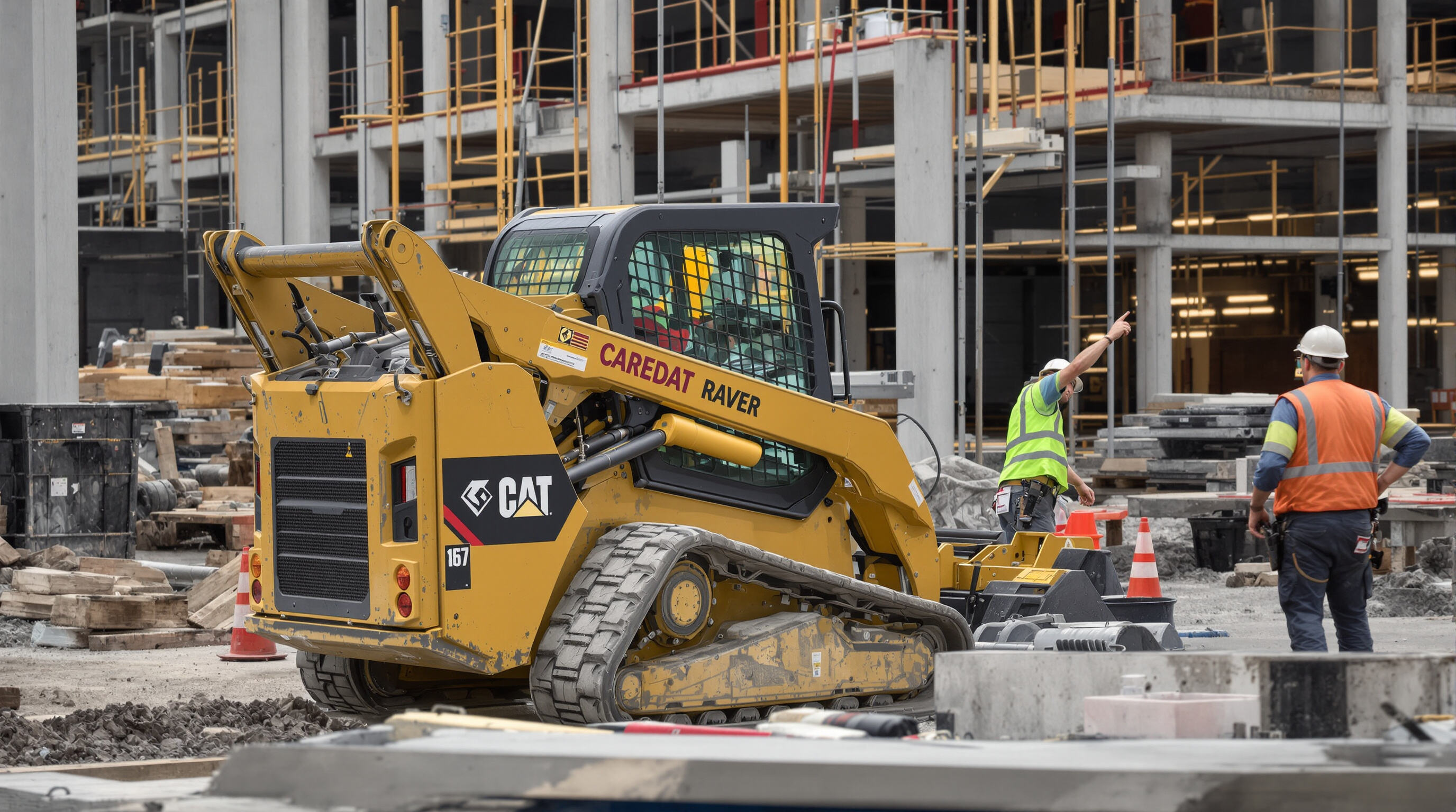 Construction worker operating a skid steer loader near others, highlighting potential operational hazards
