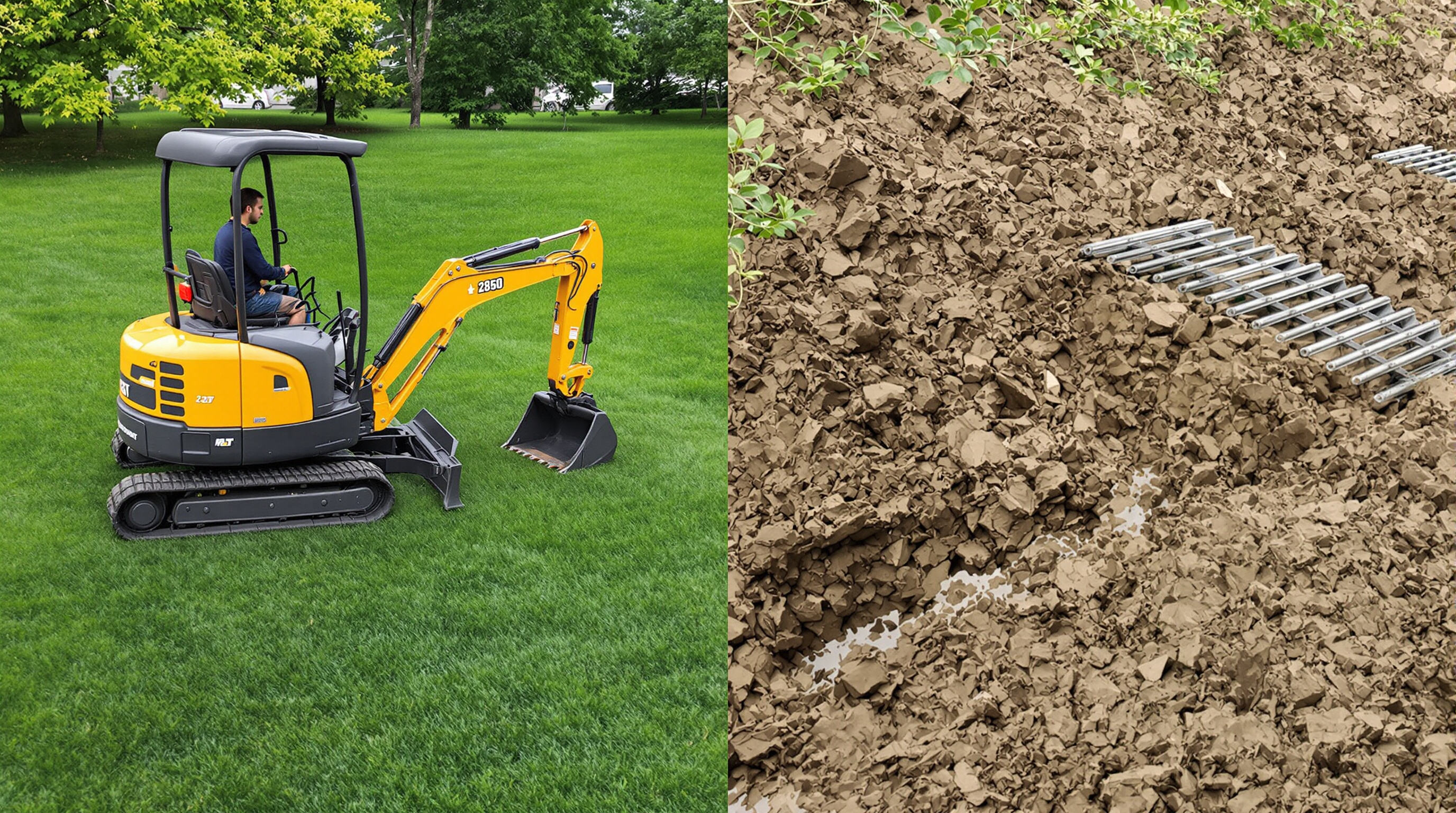 Two mini excavators: one with rubber tracks on grass, and one with steel tracks on rough mud.