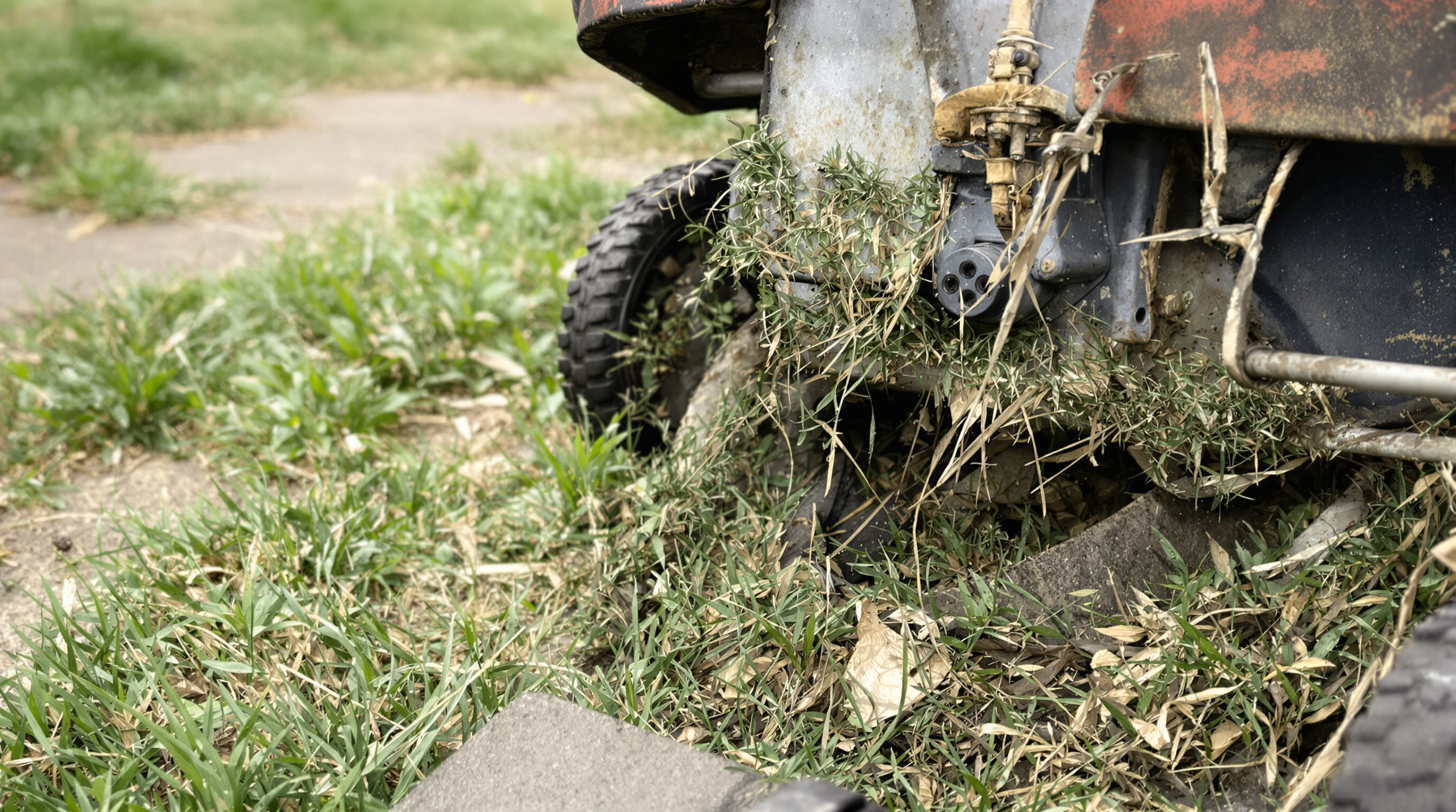 A close-up view of a lawn mower showing grass clippings and debris built up under its deck and blades outdoors.