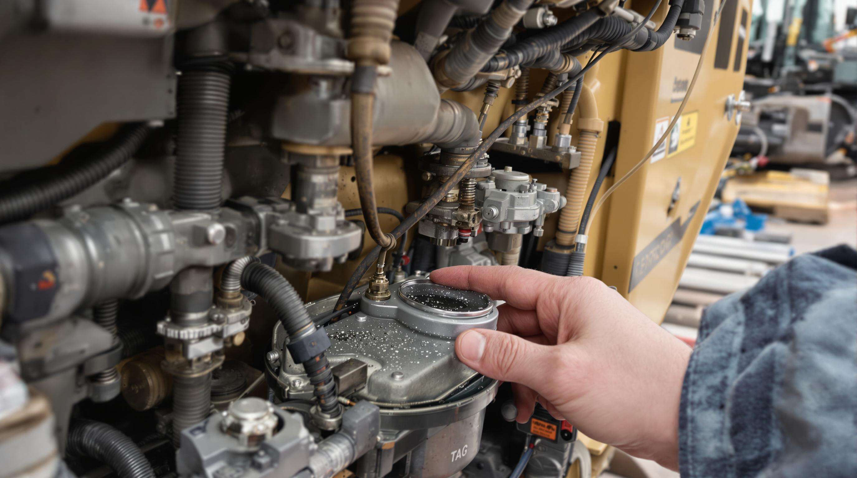 Technician inspecting an excavator’s hydraulic system for fluid integrity and cleanliness