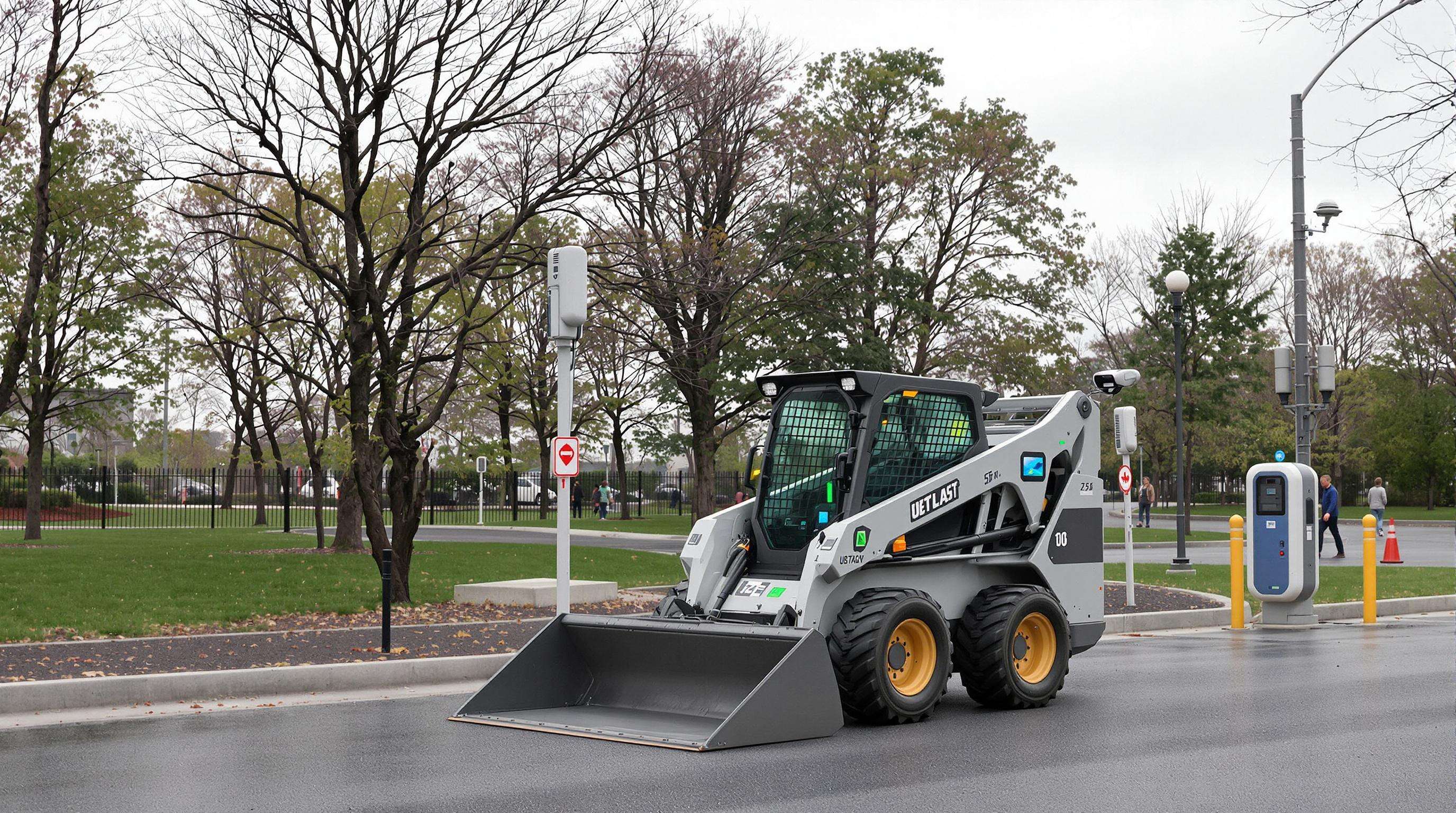 High-tech skid steer loader with digital controls and sensors operating in a city park
