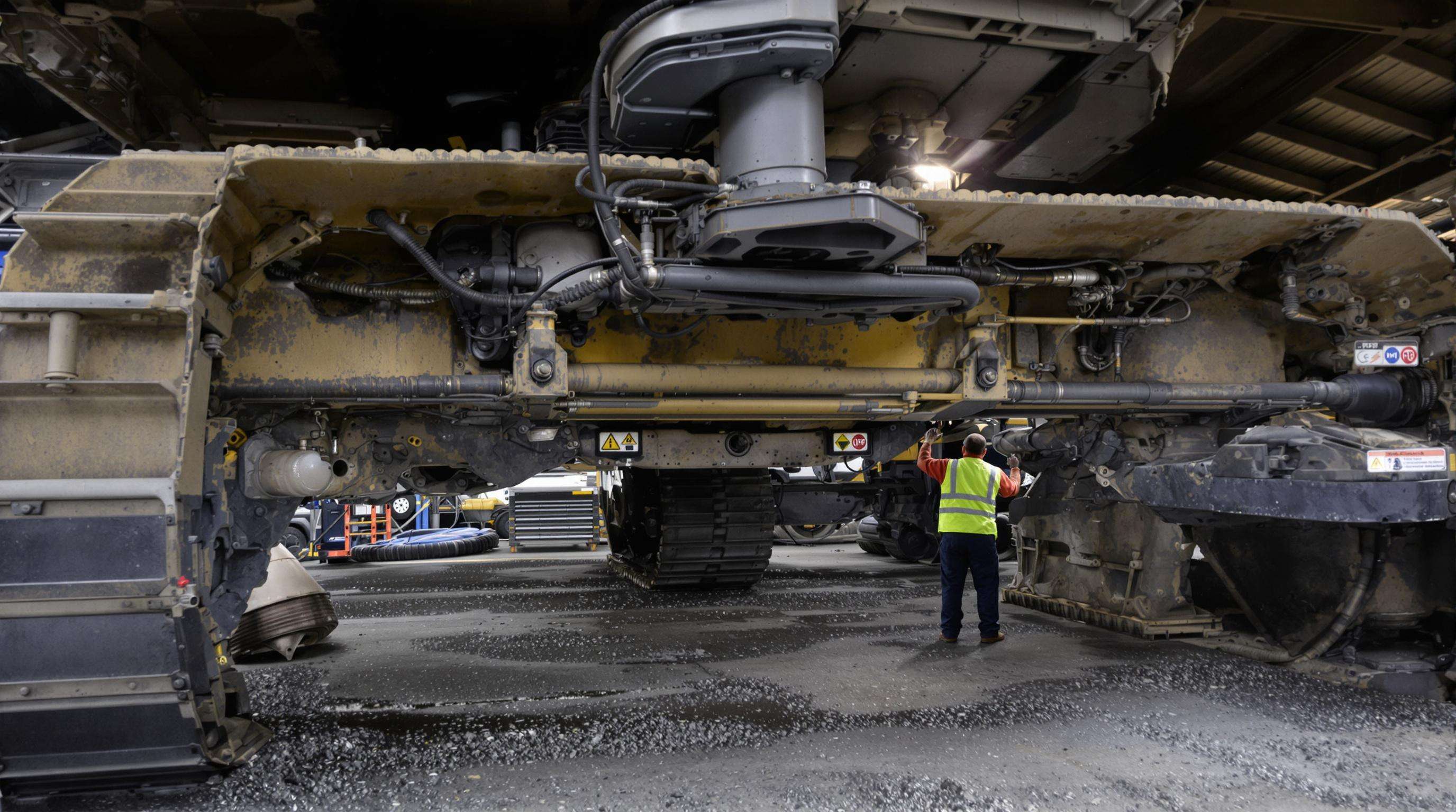 Technician performing daily maintenance checks on an excavator in a clean yard