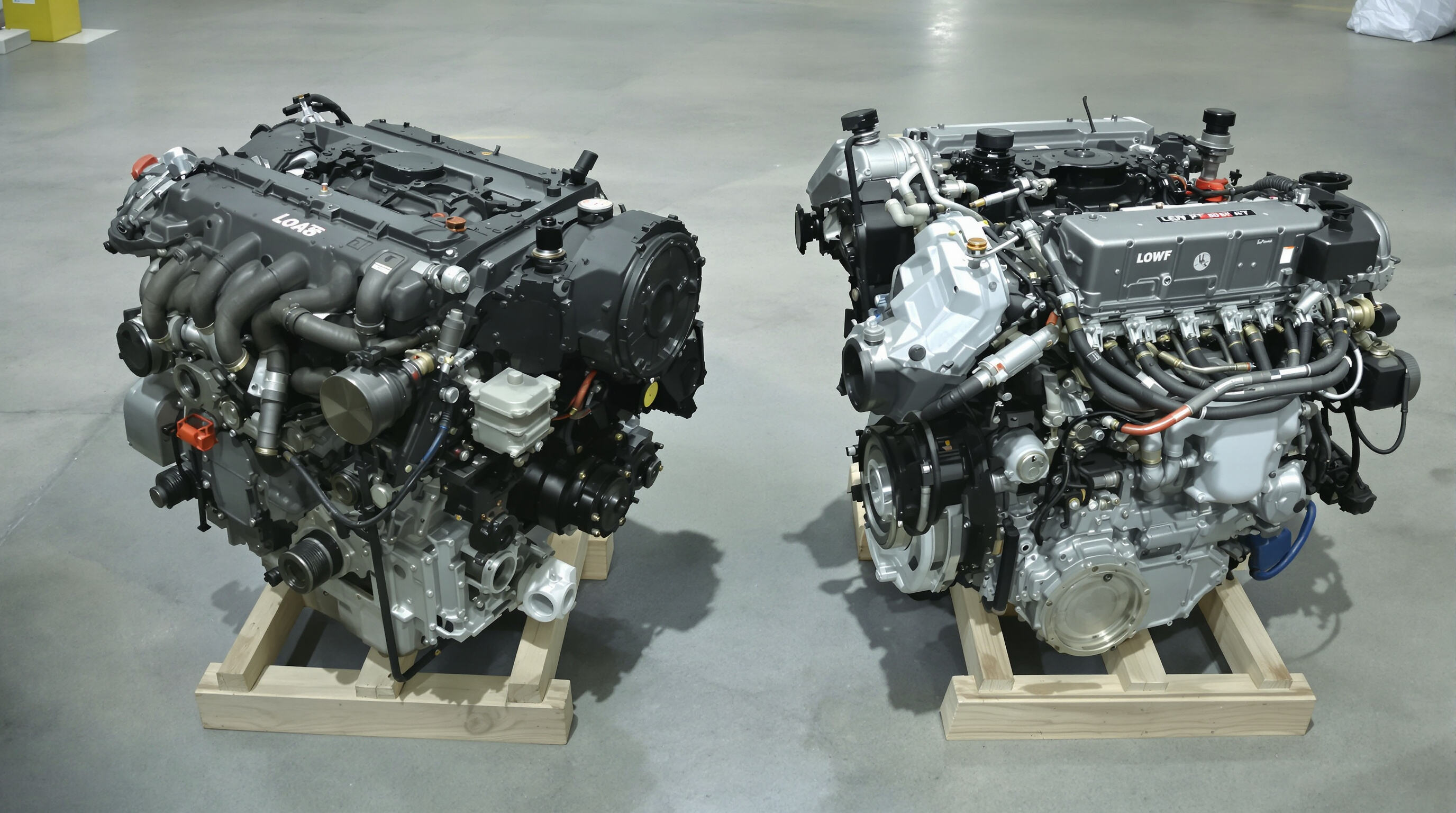 Diesel and gasoline loader engines side by side, partially disassembled to show durability differences in an industrial workshop.
