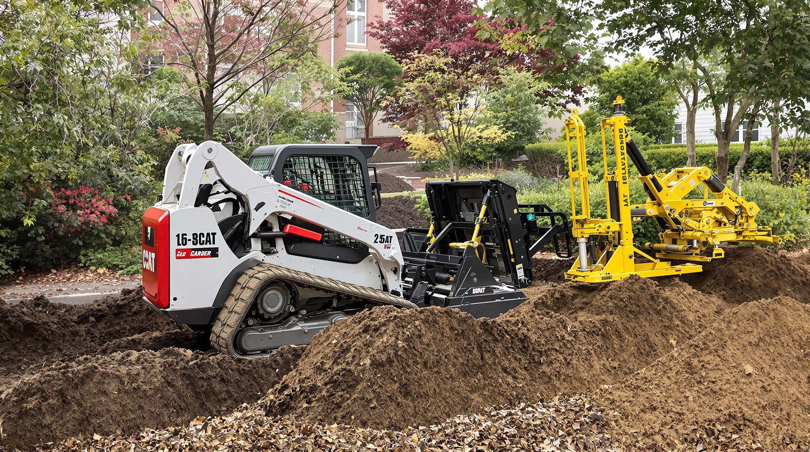 Skid steer loader switching attachments for grading and clearing tasks on a landscaped urban site