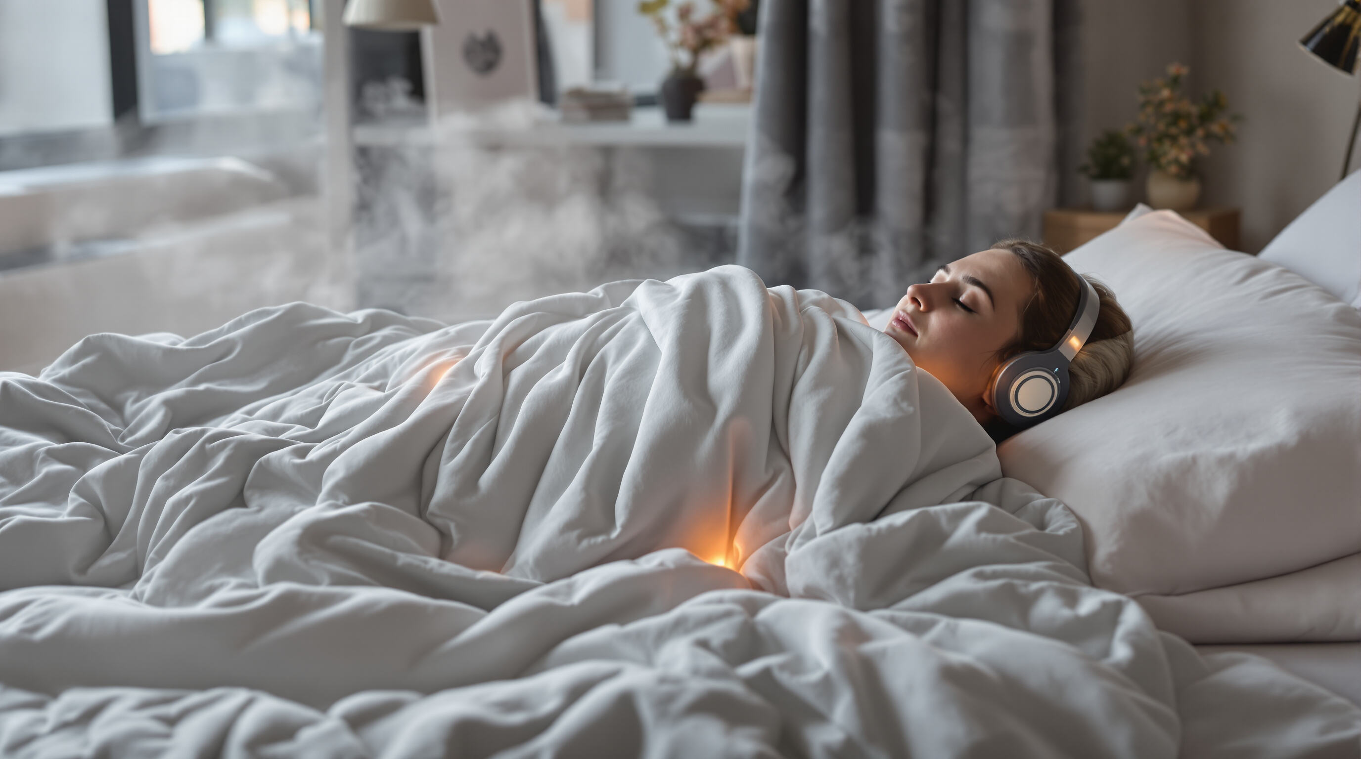 A person wrapped in an infrared detox blanket in a cozy bedroom, gentle heat haze visible, suggesting deep warmth.