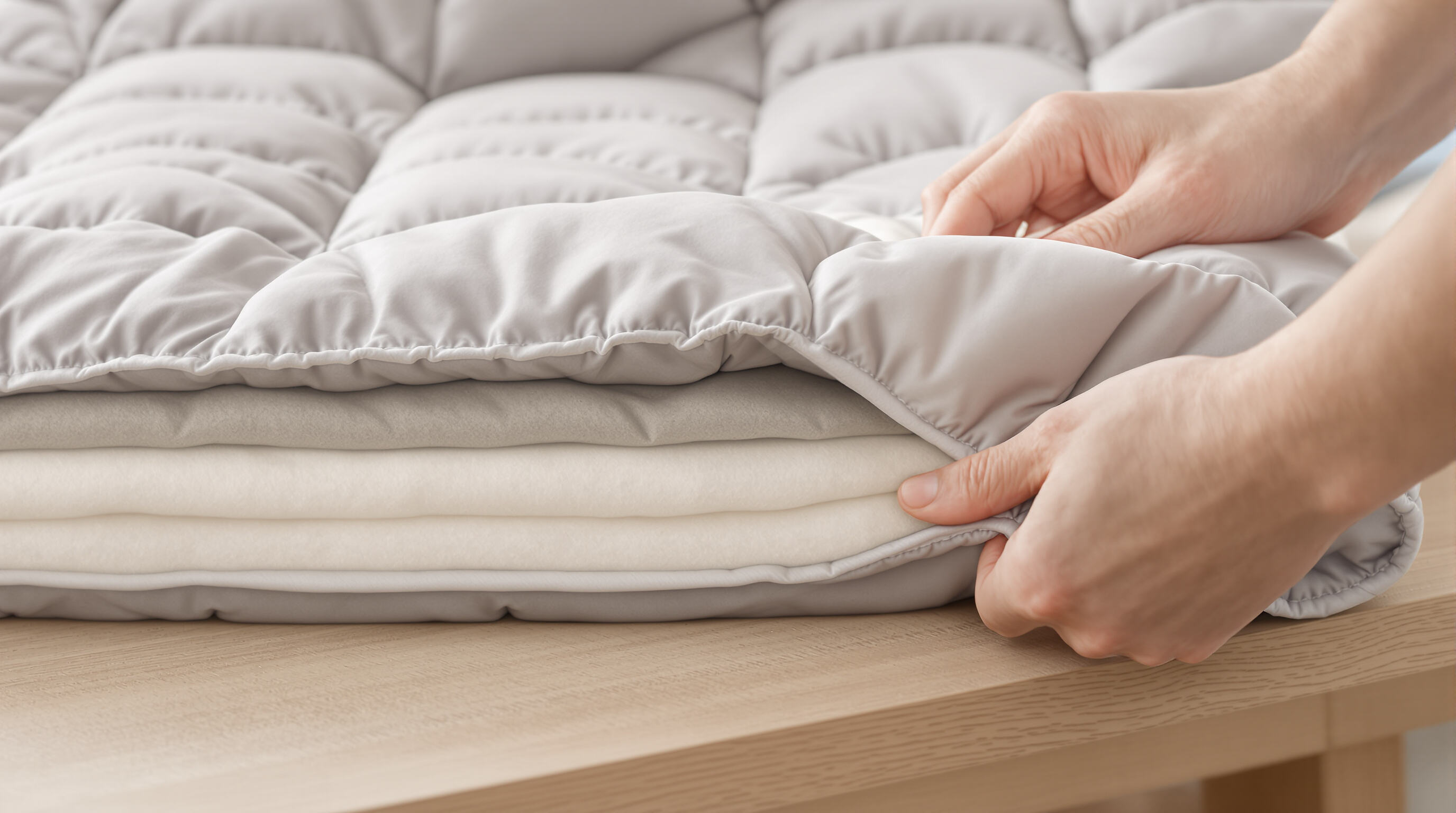 Close-up of hands examining the layers and stitching of a detox blanket, showing quality materials and construction.