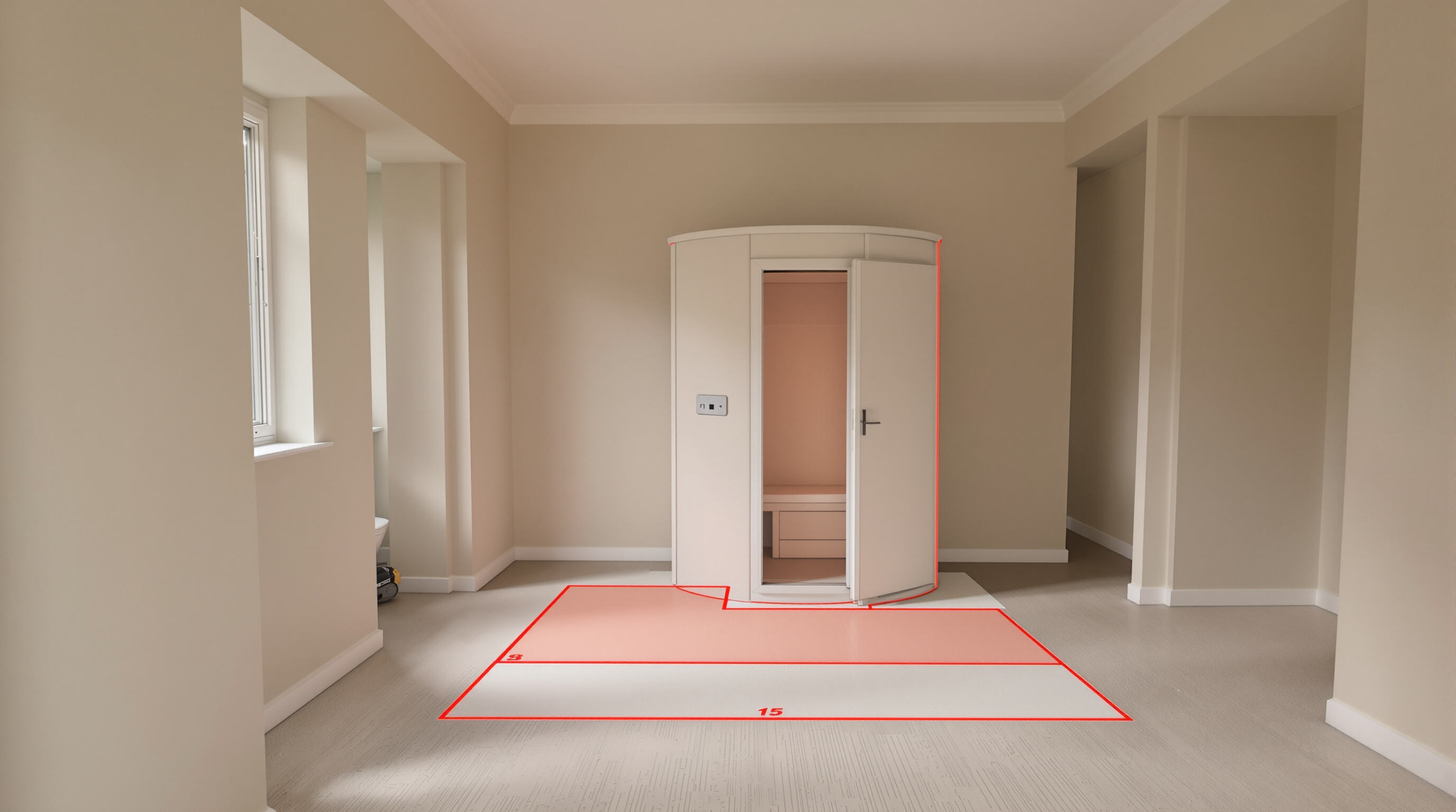 Residential room showing measured and marked space with a laser tool and visible ceiling clearance for sauna installation