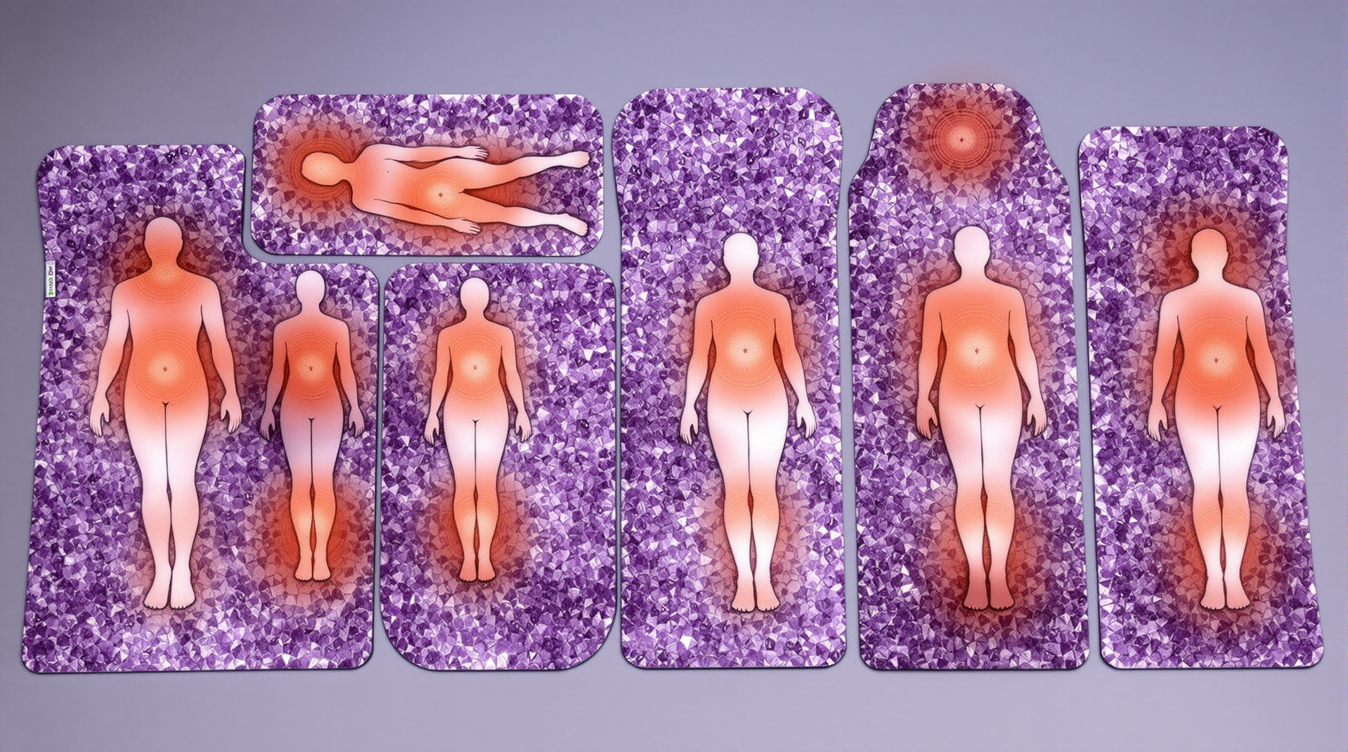 Photorealistic image of different sized heated amethyst mats with human silhouettes showing optimal coverage