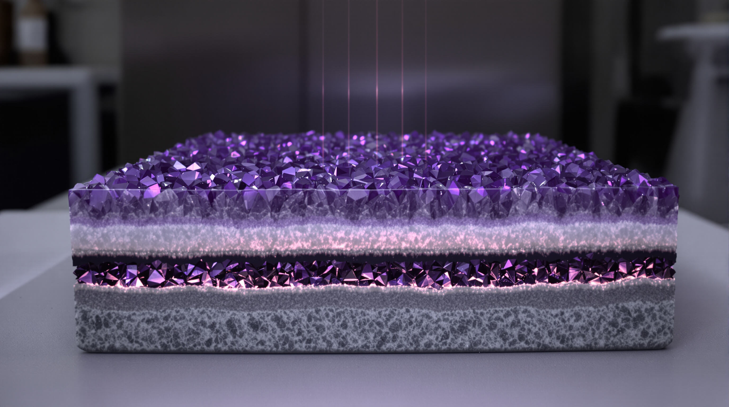 Photorealistic cross-section of a heated amethyst mat emitting far-infrared rays from its crystals in a clinical setting