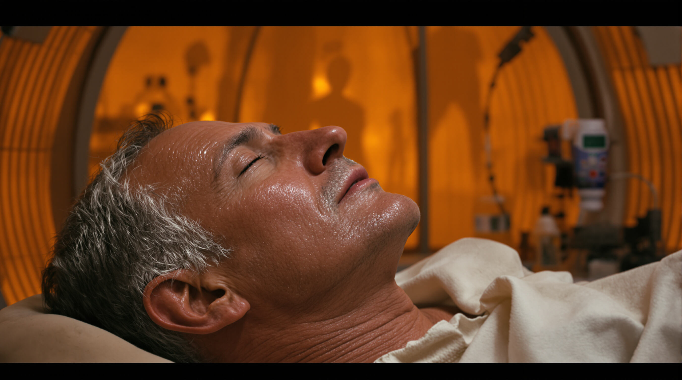 Close-up of a person sweating inside an infrared dome with subtle science-inspired background