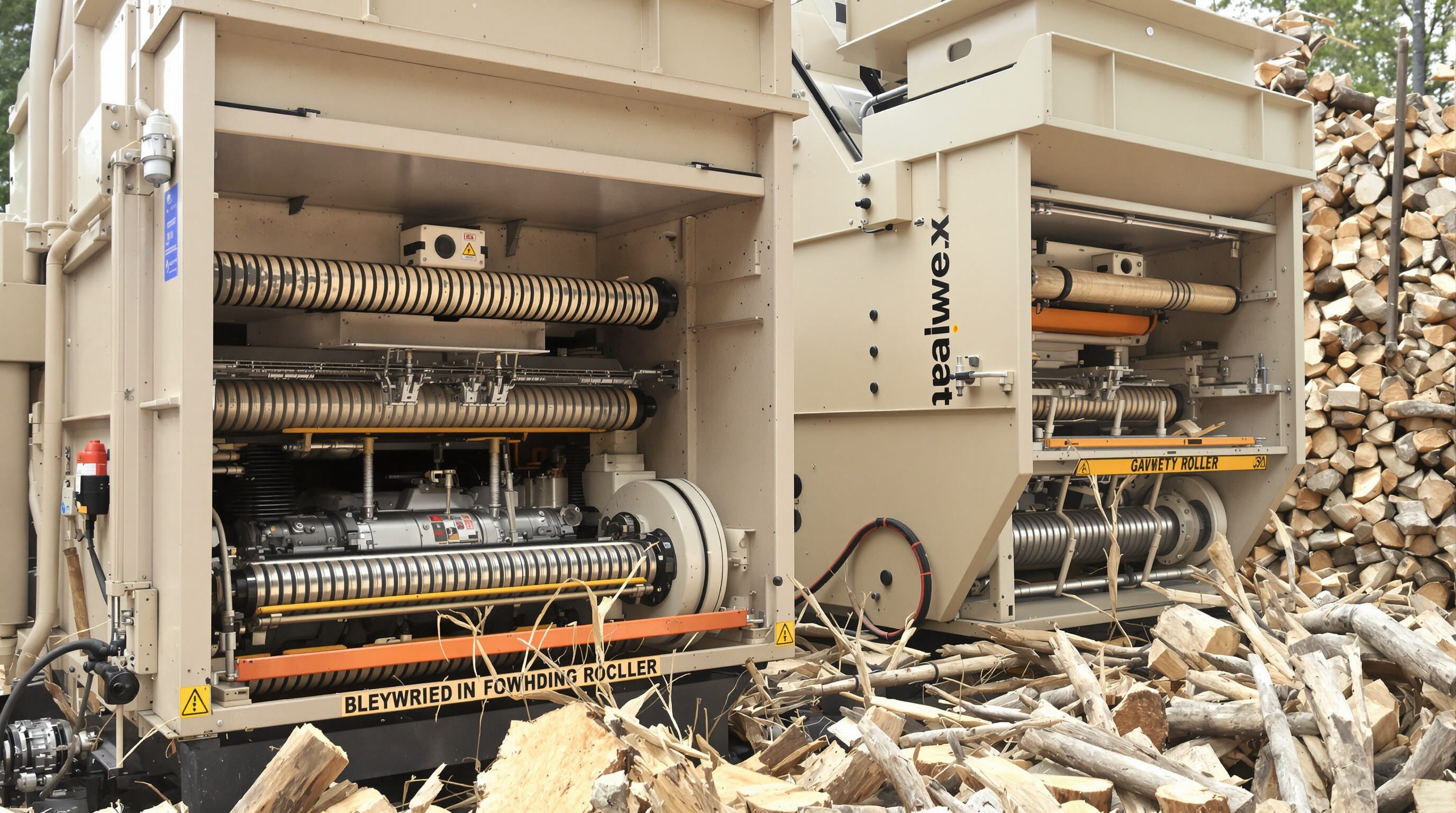 Side-by-side view of wood shredders with different engine and feed mechanisms, parts exposed