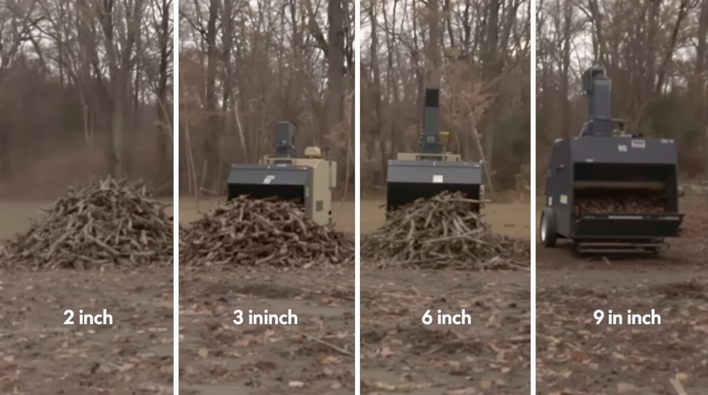 Assorted wood shredders next to piles of small and large branches in an outdoor setting