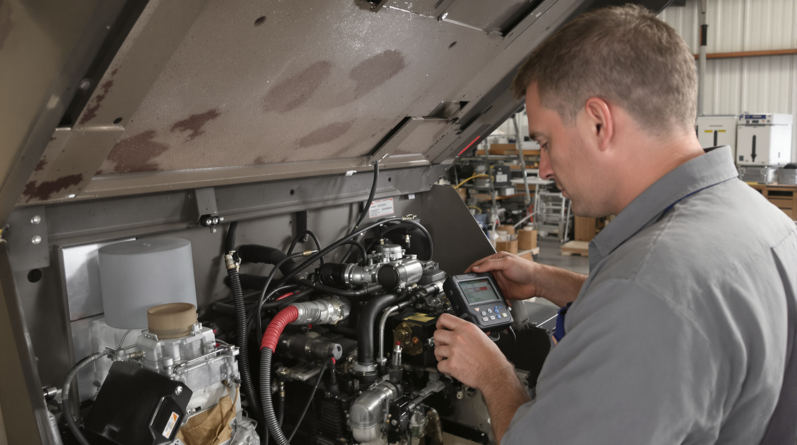 Mechanic examining a wood chipper’s engine and fuel system in a workshop