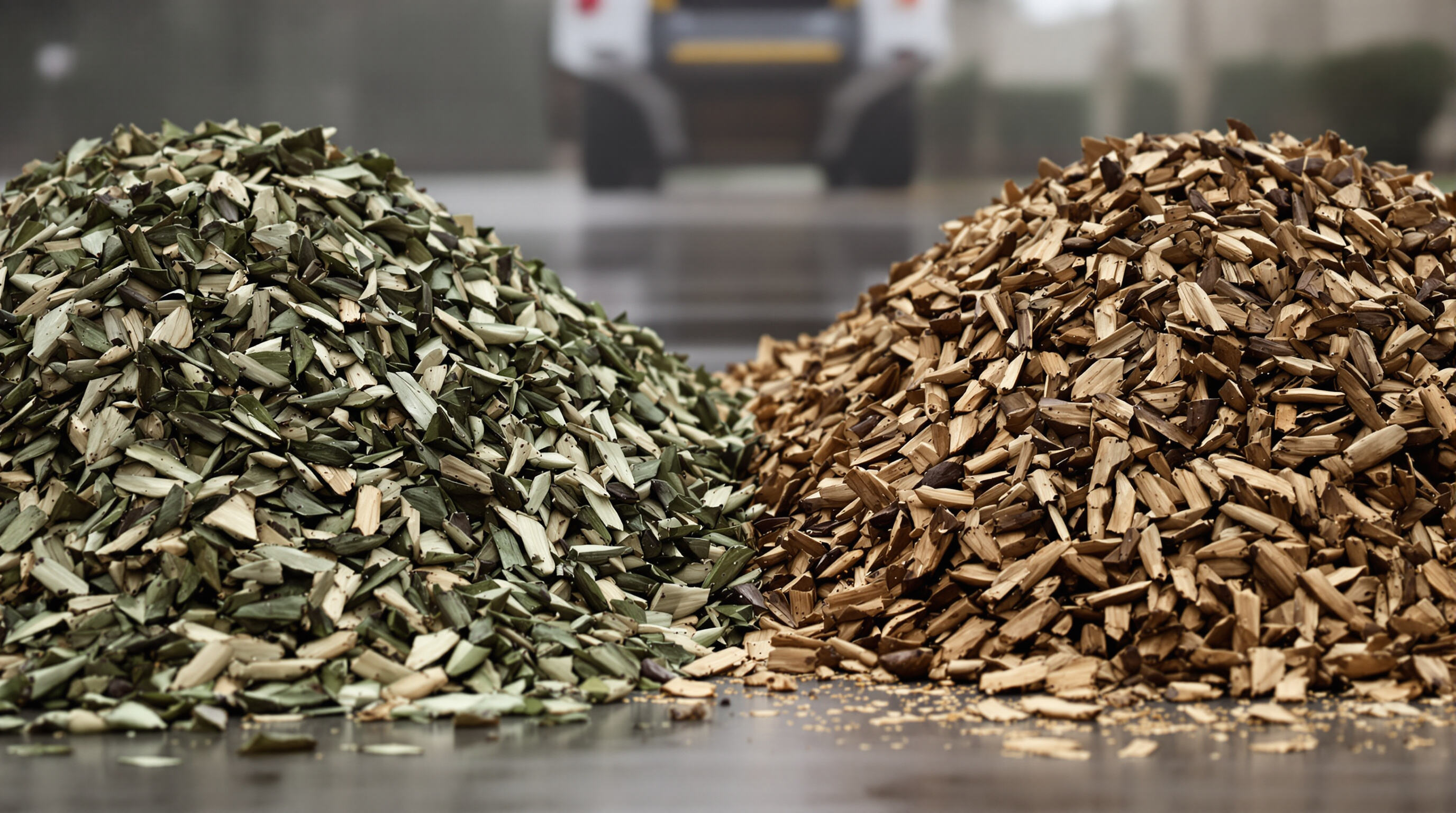 Side-by-side piles of green wet wood chips and dry brown chips illustrating moisture content differences