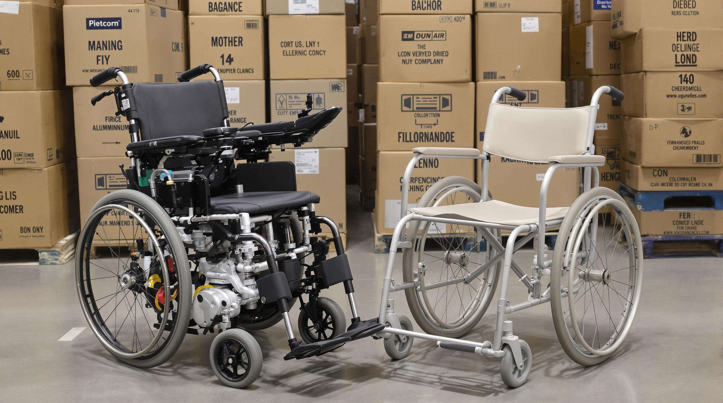 Electric and manual wheelchairs side by side in a large warehouse surrounded by shipping boxes