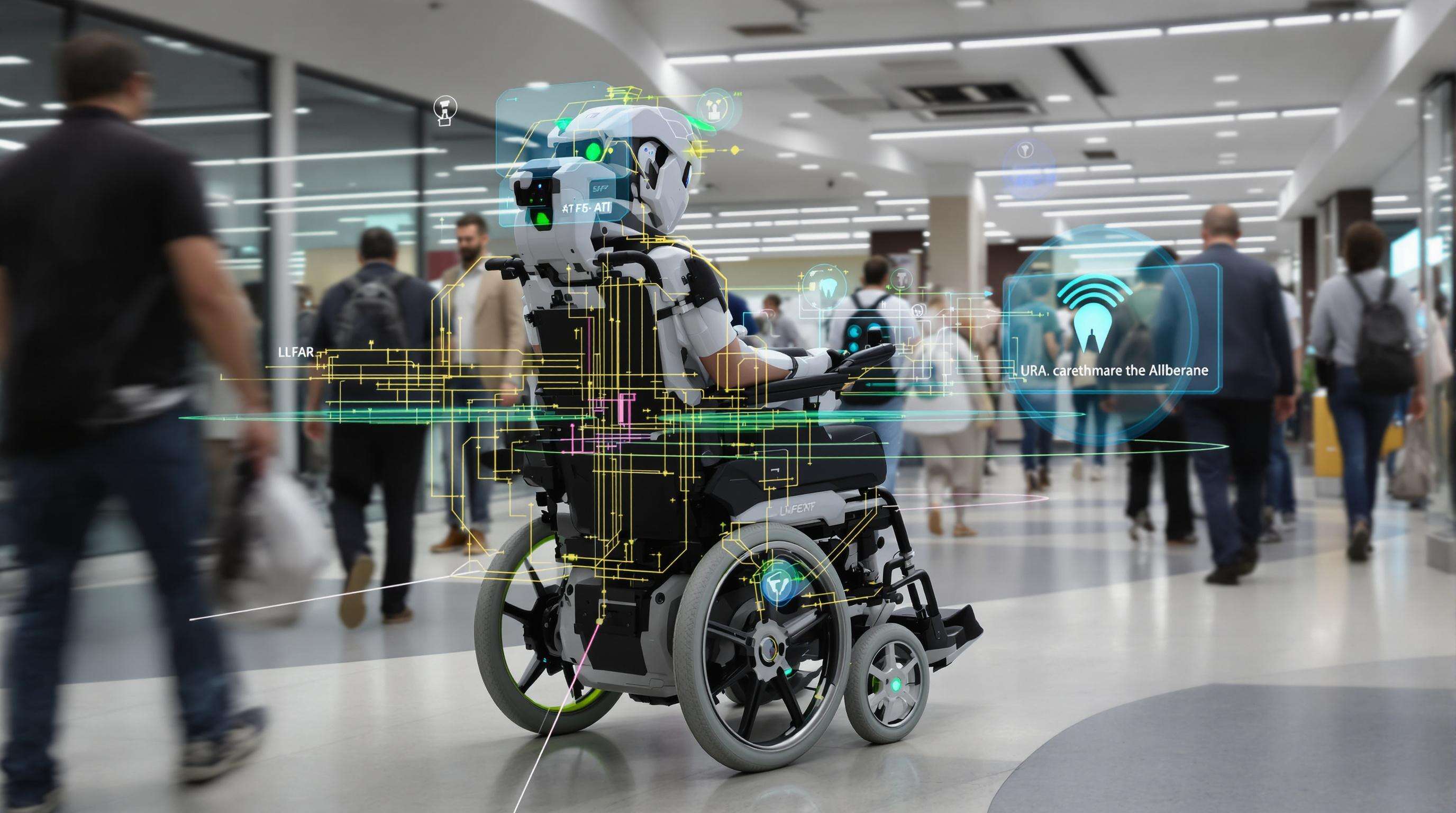 Electric wheelchair with advanced sensors moving autonomously in a bustling indoor space with muted tones