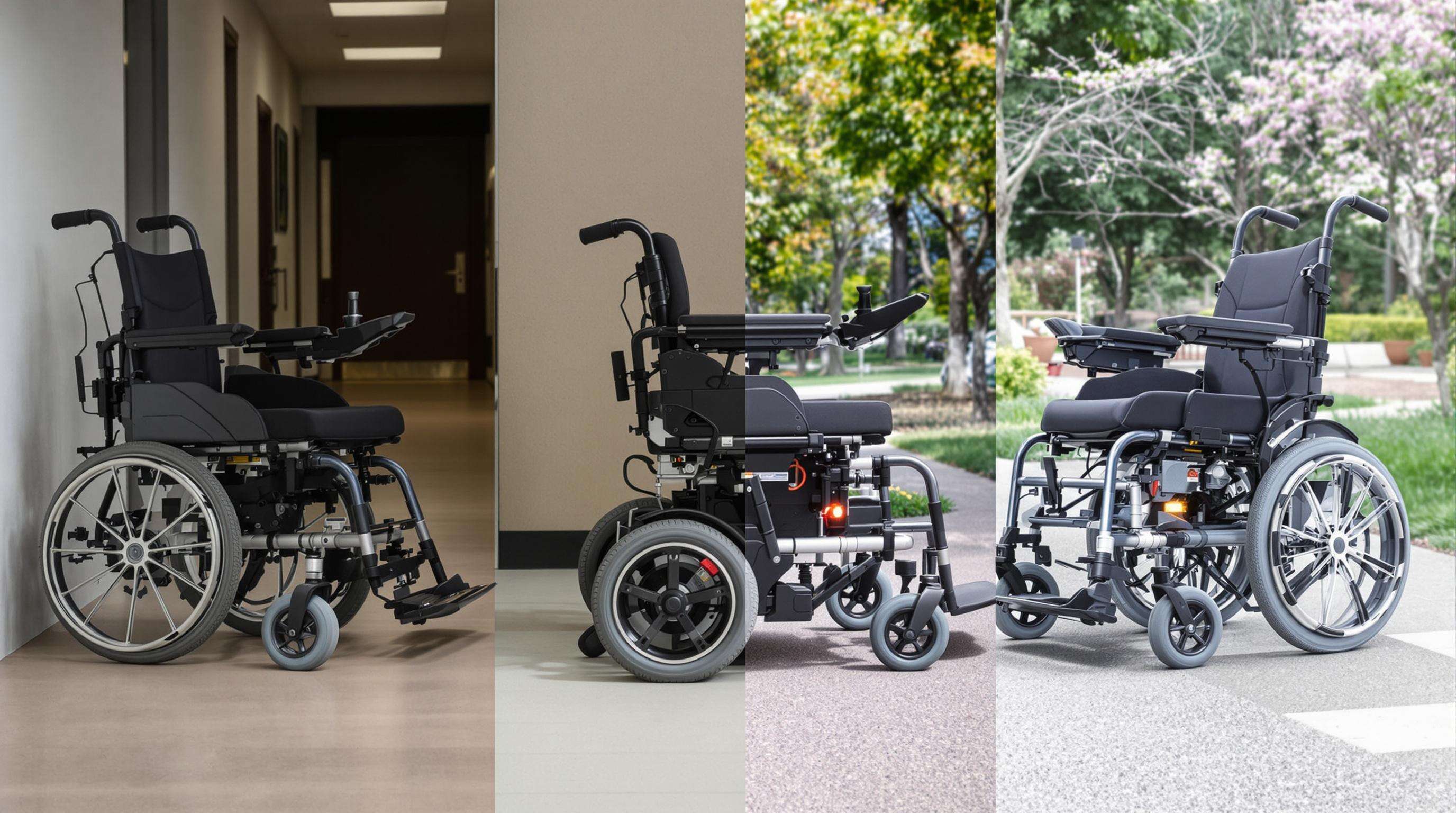 Three types of power wheelchairs with distinct drive systems displayed side by side, transitioning from an indoor hallway to an outdoor path