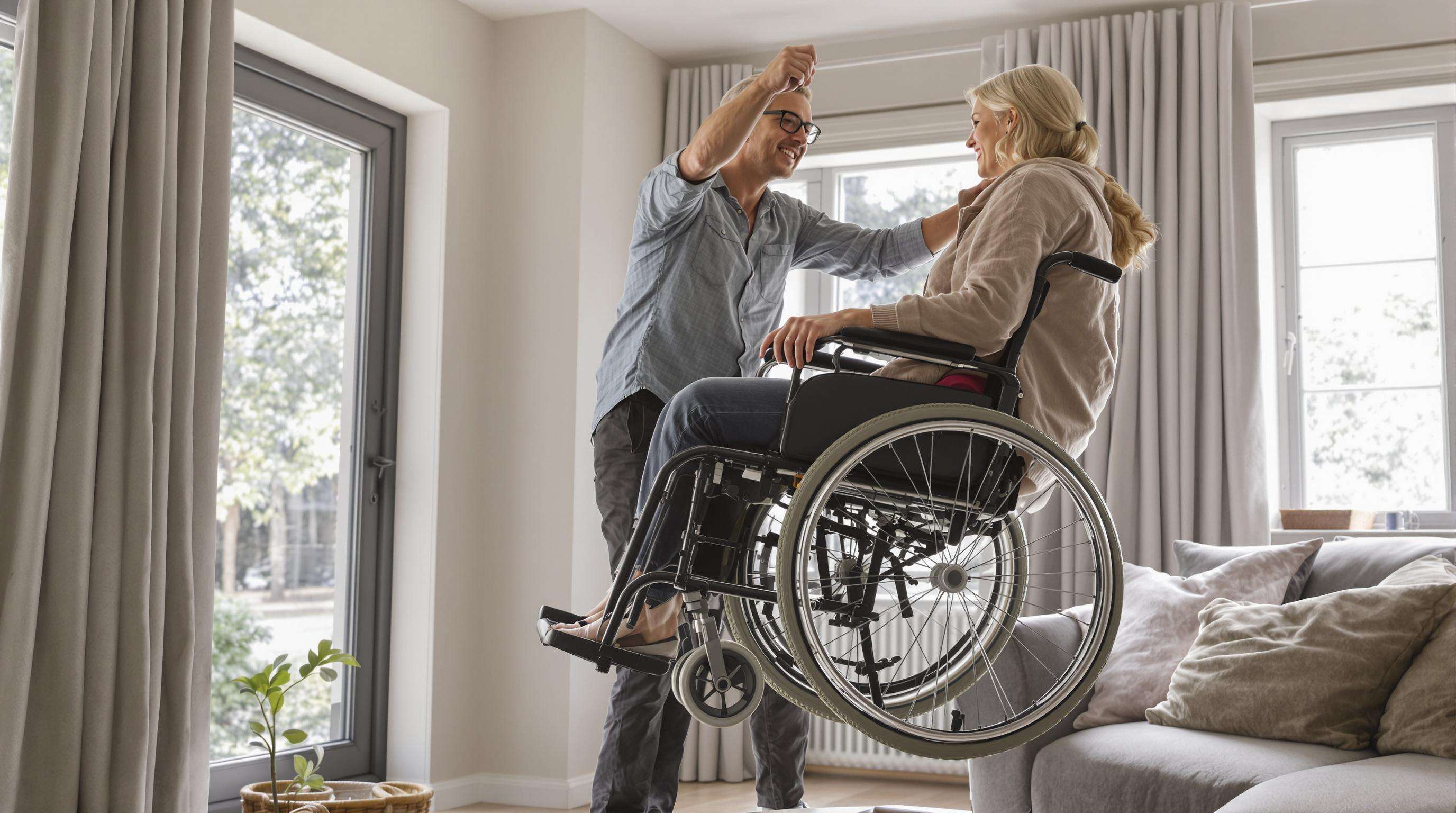 Caregiver and wheelchair user easily lifting a lightweight carbon fiber wheelchair in a sunlit modern home