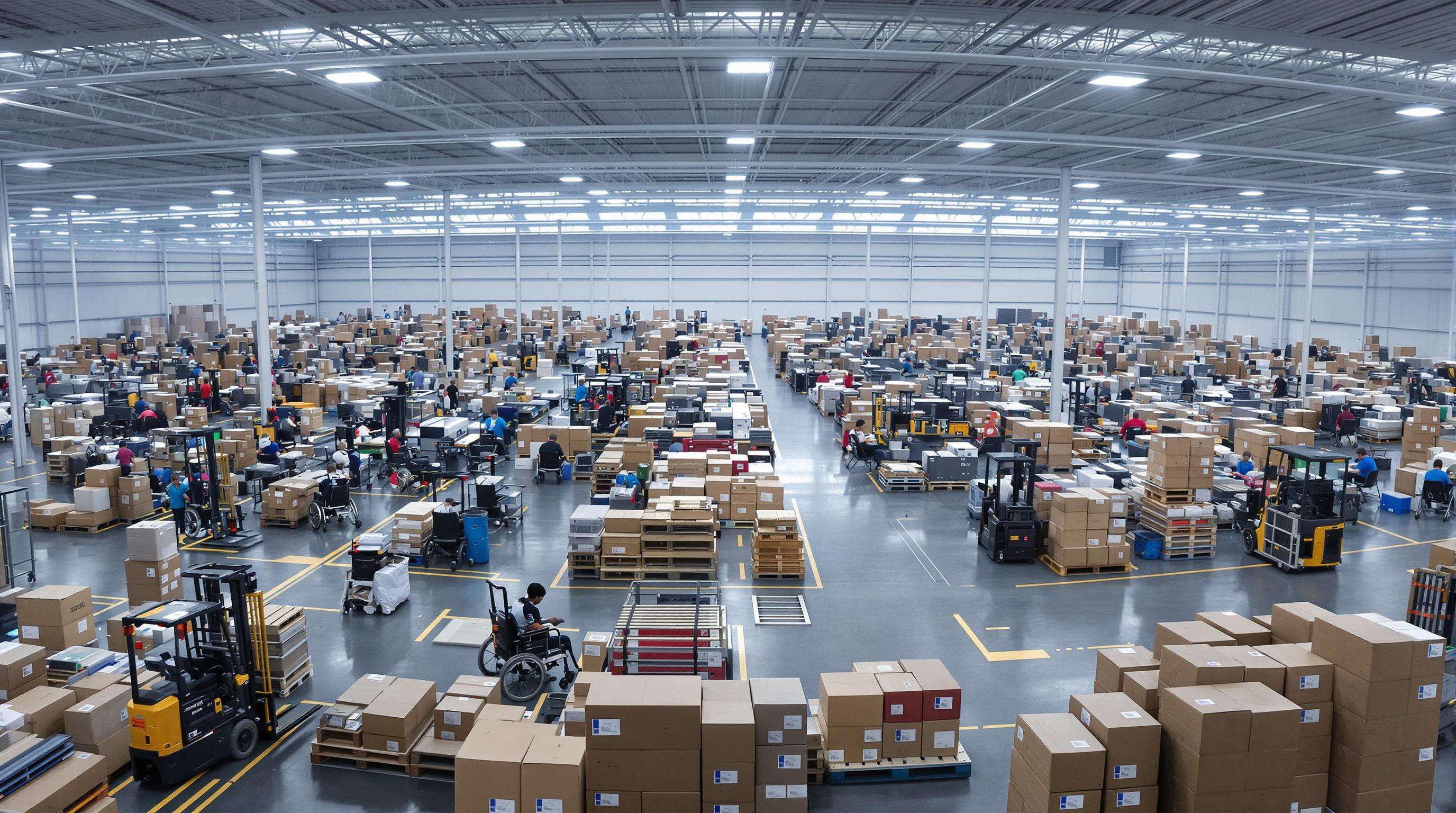 Industrial warehouse with wheelchair assembly lines and boxes being moved in a global supply chain setting