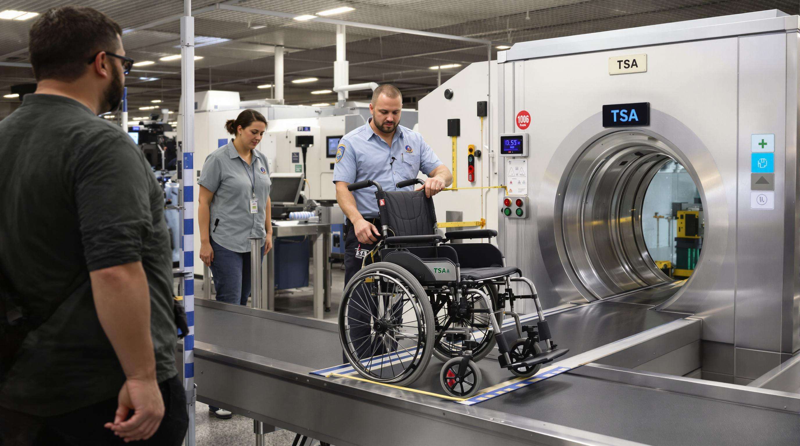 A folding wheelchair being checked by TSA officer at airport security, showcasing airline compliance.
