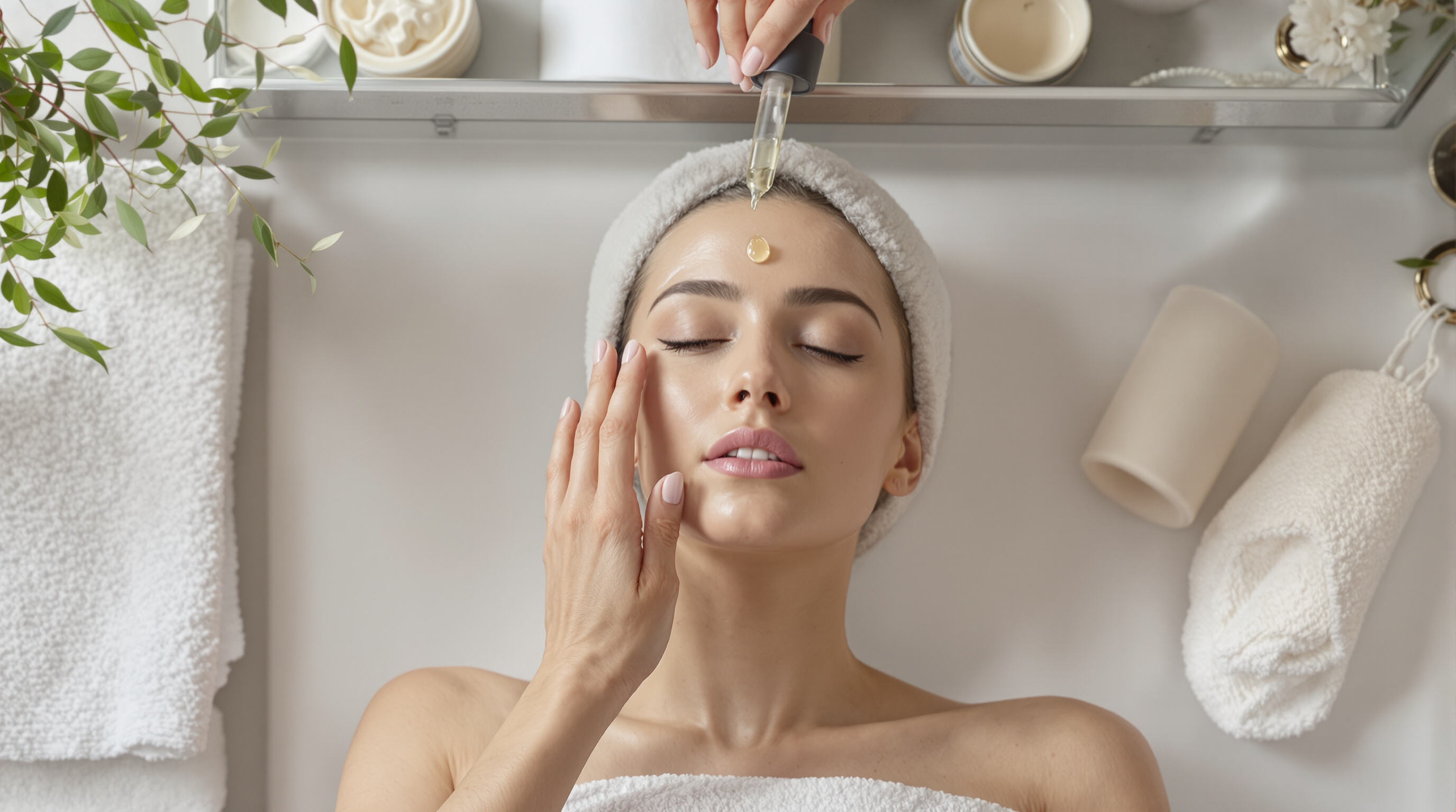 Photorealistic scene of face serum being gently applied as part of a skincare routine.