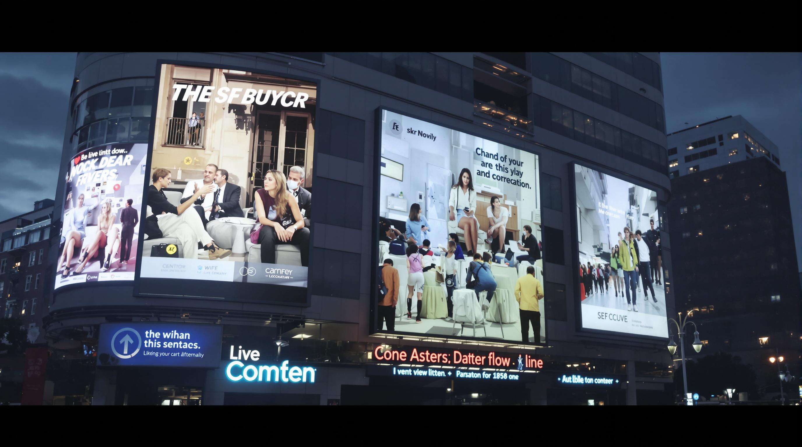 City digital billboards at dusk dynamically updating content in response to real-time data and audiences