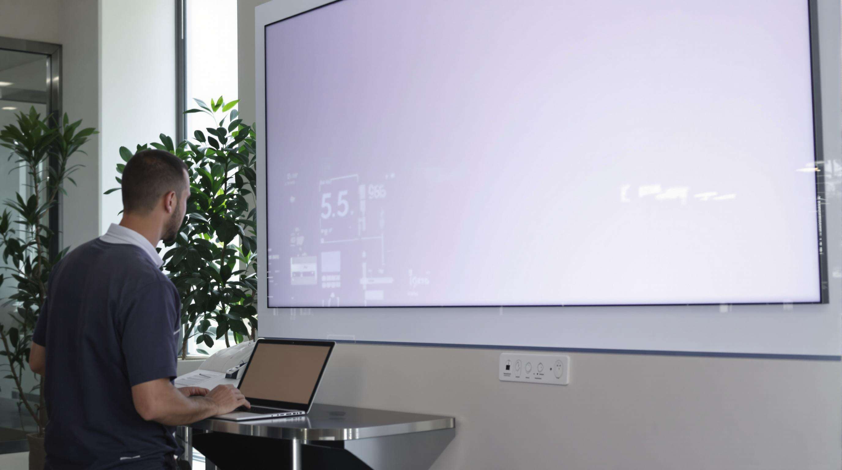 Technician calibrating the brightness settings on a large indoor LED screen