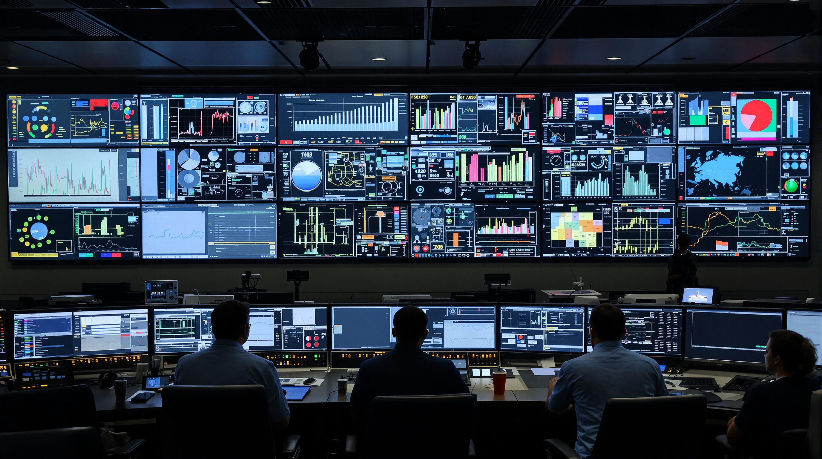 Operators in a control room monitor data on large LED displays with graphical diagrams and bright alerts.