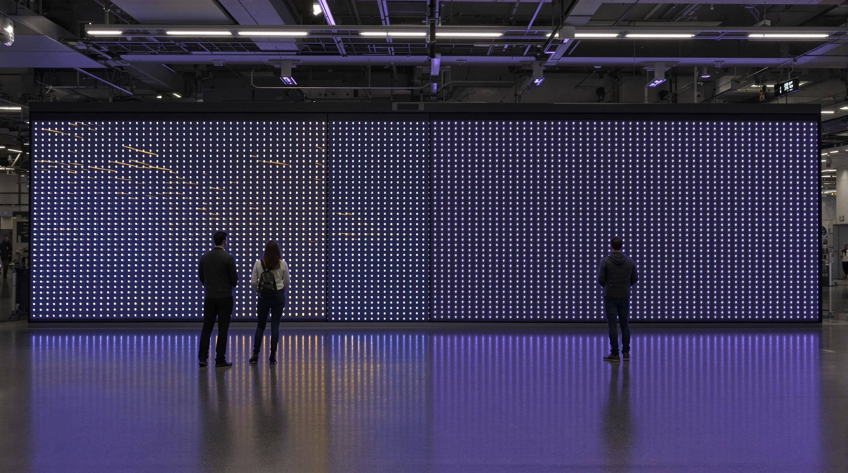 People at varying distances from an LED display, up close with visible pixels and farther away with a blended image