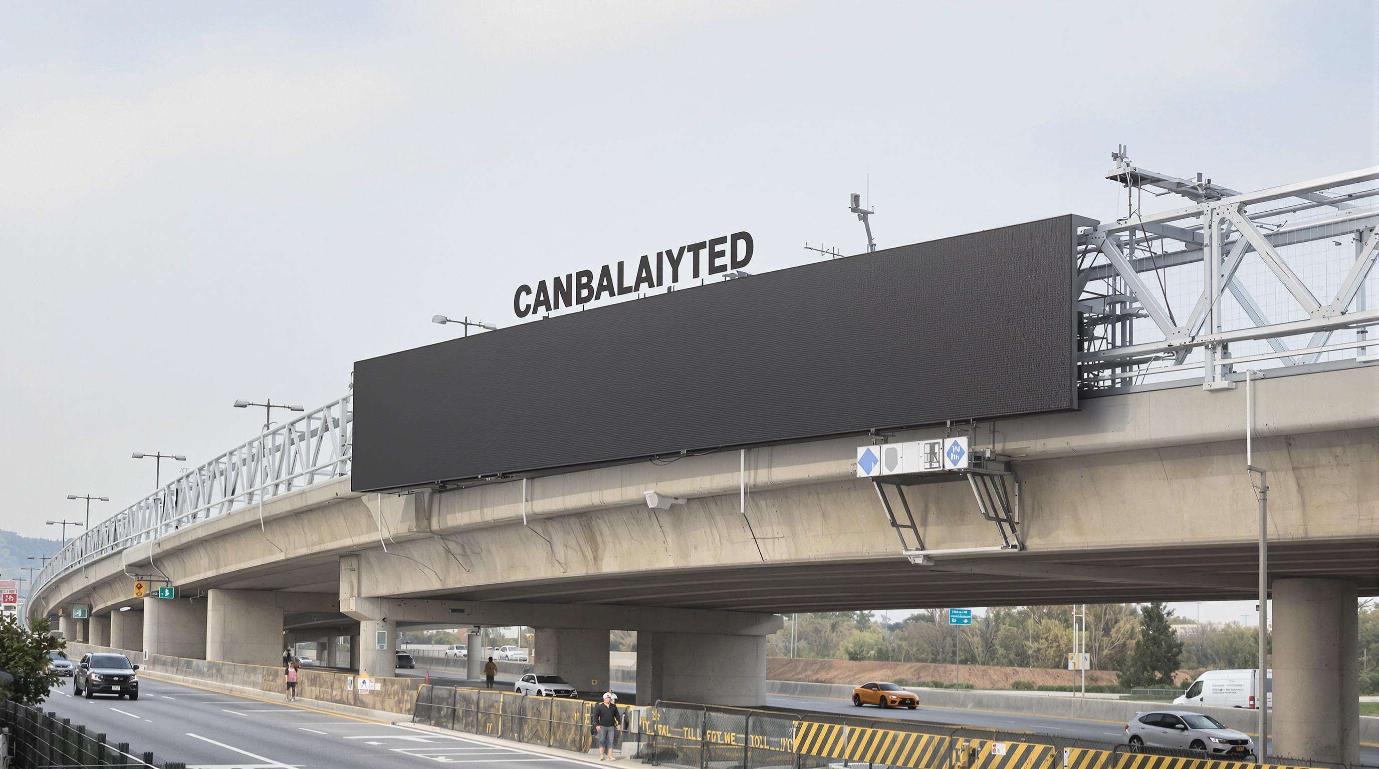 Cantilevered LED screen on a highway overpass featuring reinforced mounting and visible shielding, with cars below