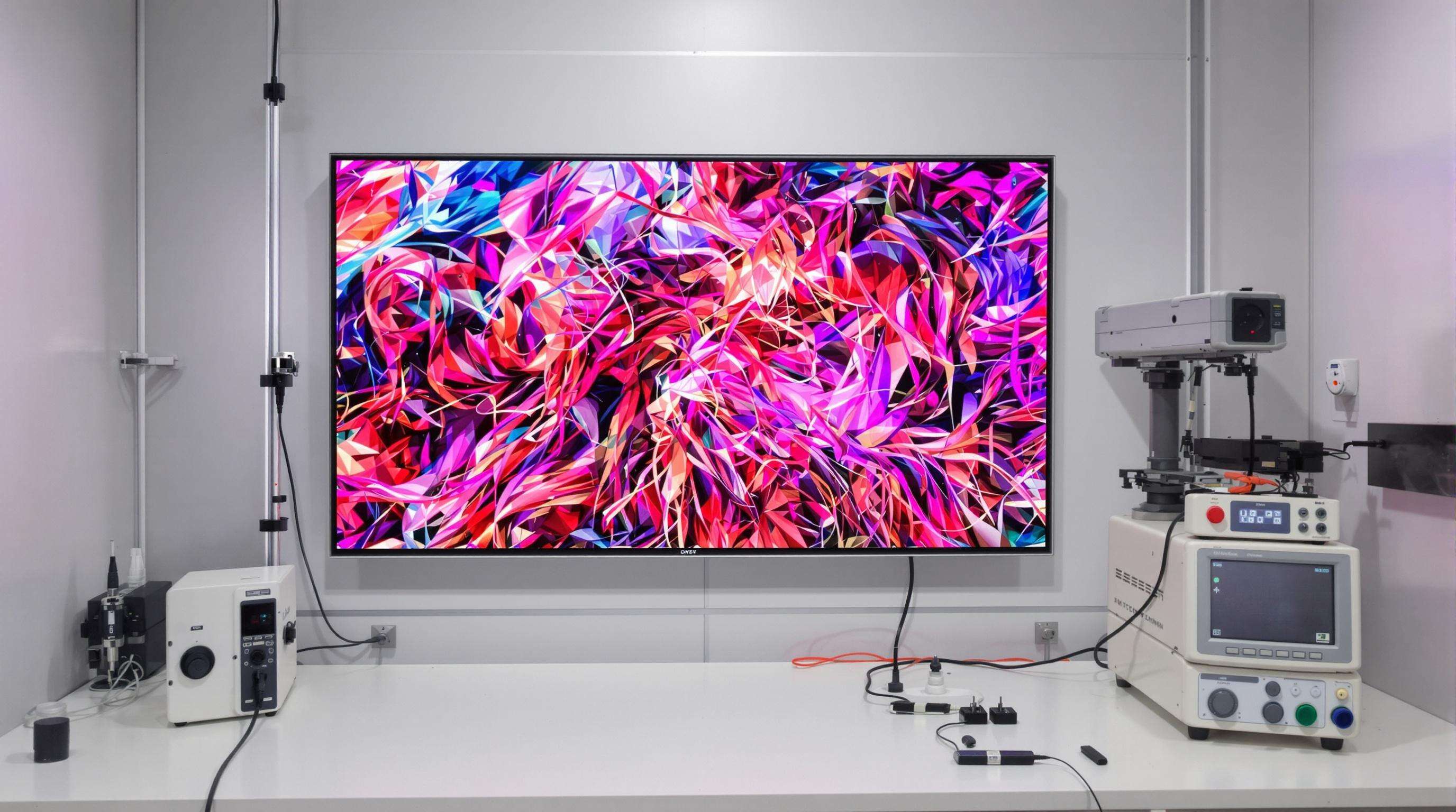LED display being tested for color accuracy and brightness with lab equipment