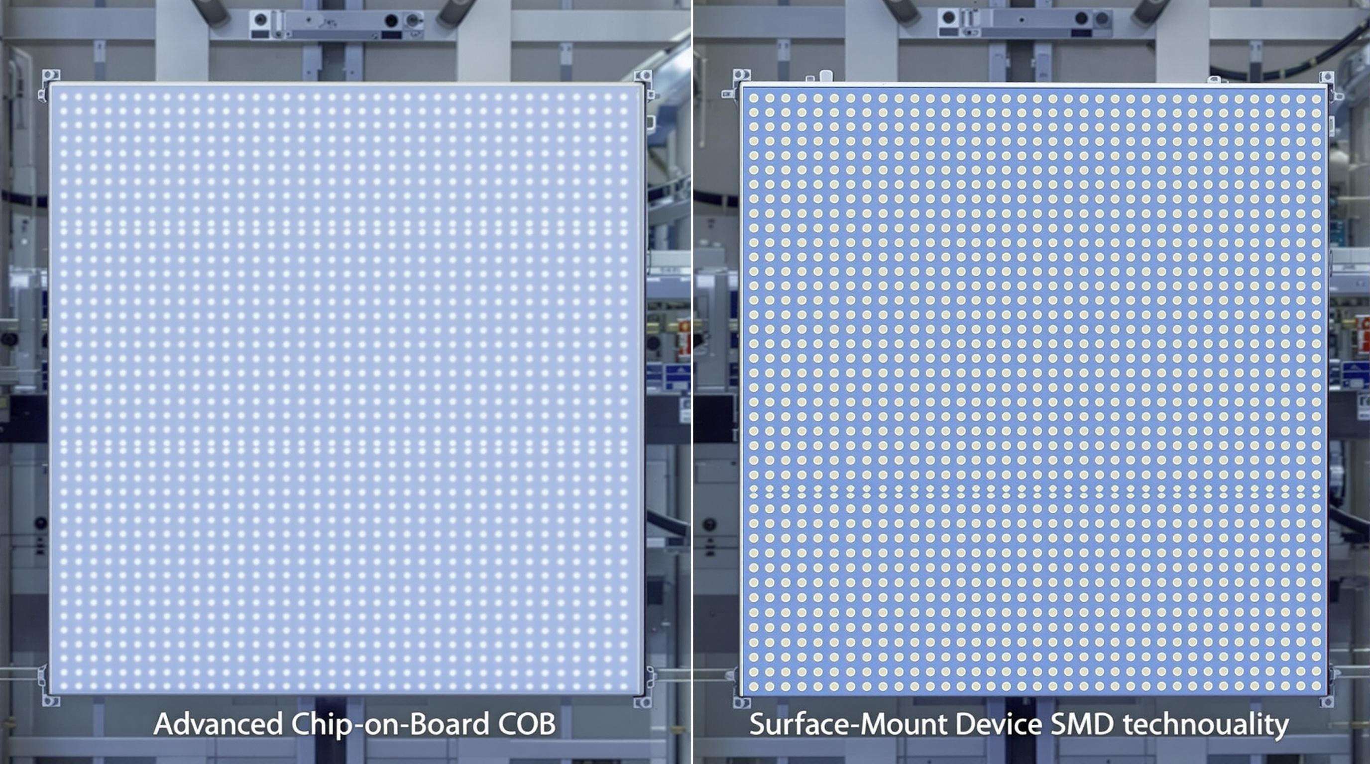 Close-up of COB and SMD LED panels side by side under soft industrial light