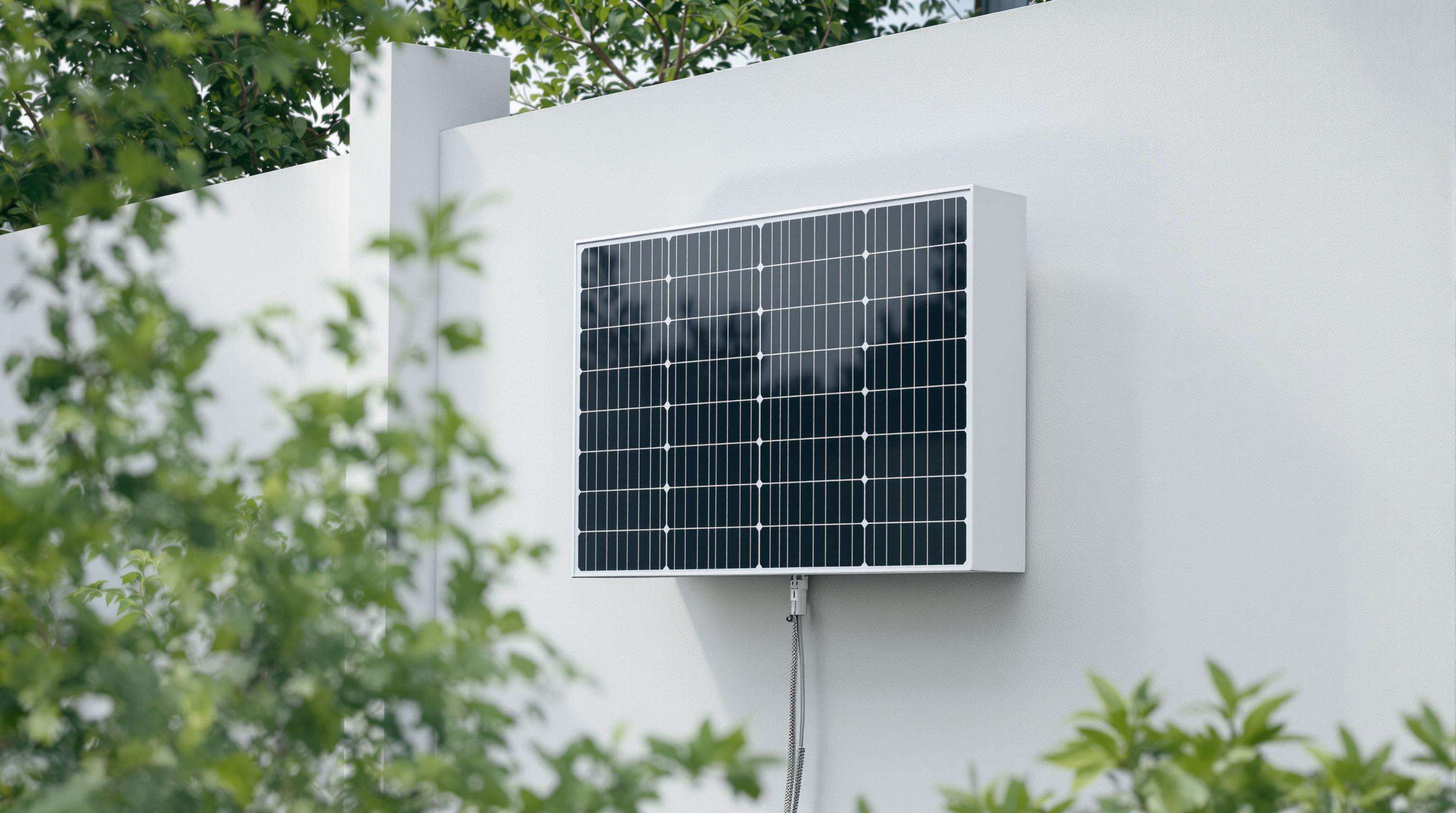 Solar-powered LED panel with visible photovoltaic cells in a sleek outdoor setting