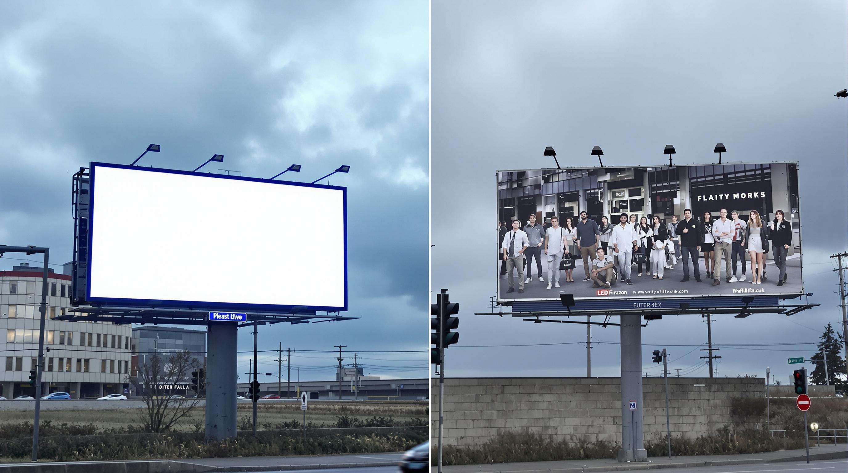 A brightly lit outdoor LED advertising panel beside a worn and faded traditional billboard along a city street.