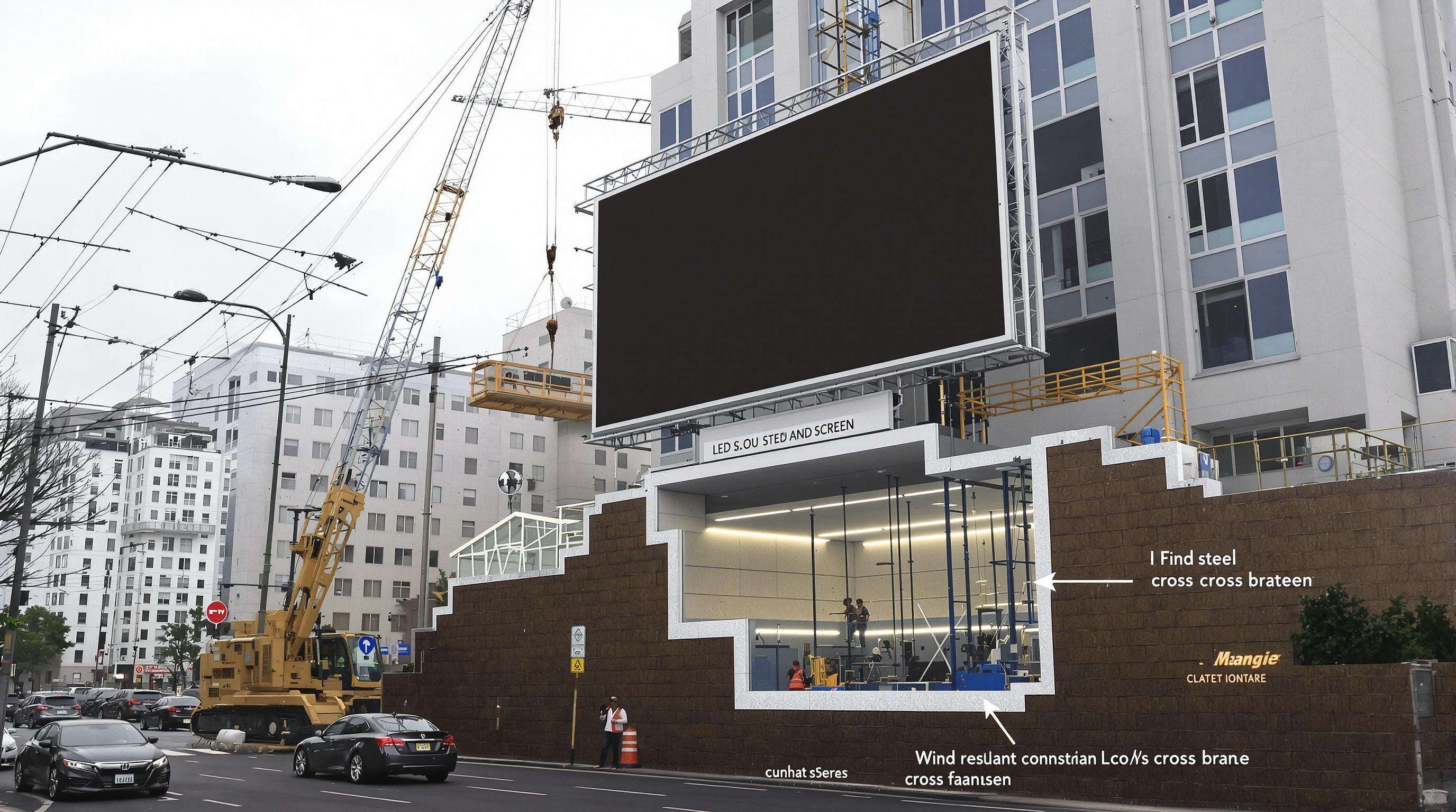 Freestanding LED screen installation showing heavy foundation and steel bracing in an urban environment