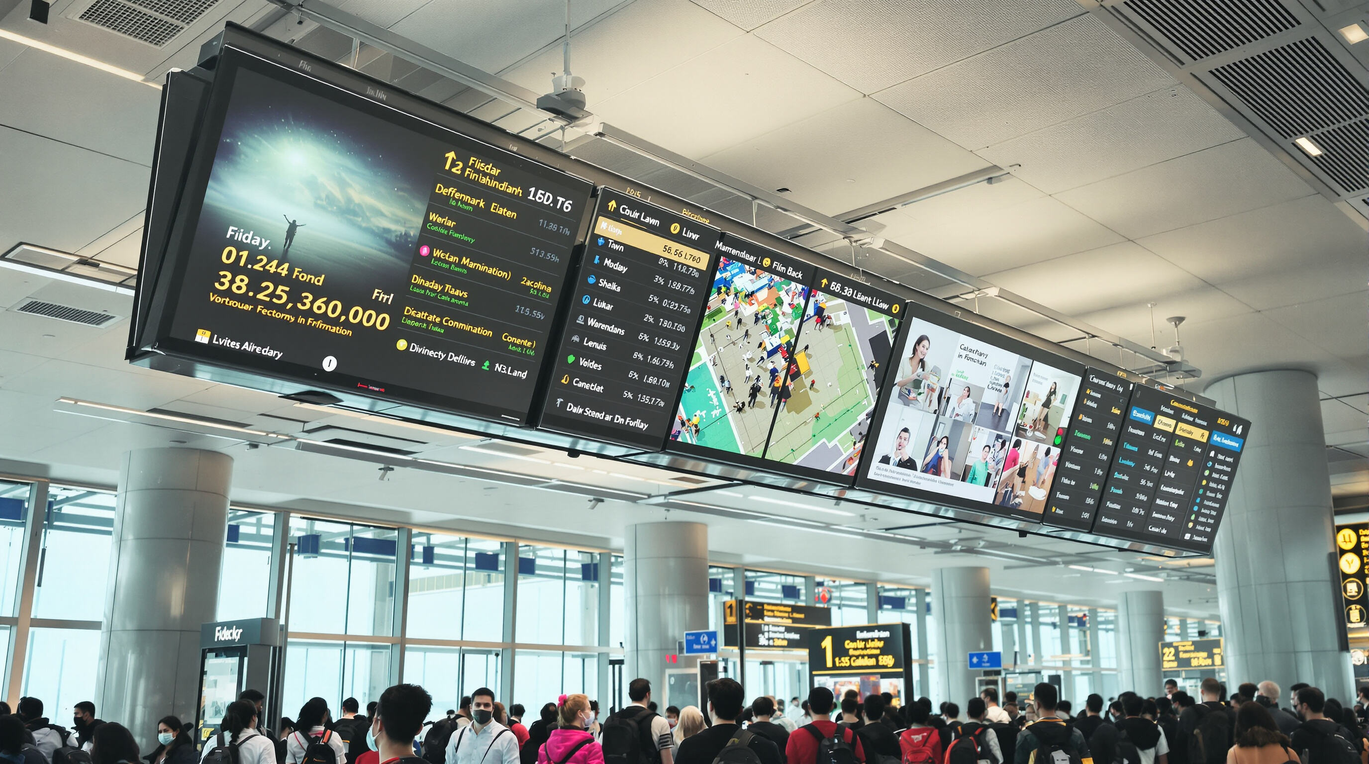 Modern airport terminal with large fixed LED displays guiding travelers