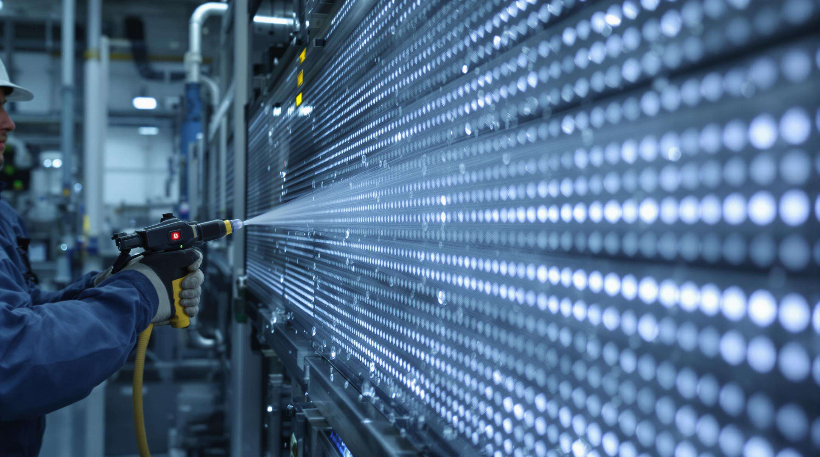 Technician spraying water on a large LED panel during waterproof durability testing in a lab; droplets on the metal surface.