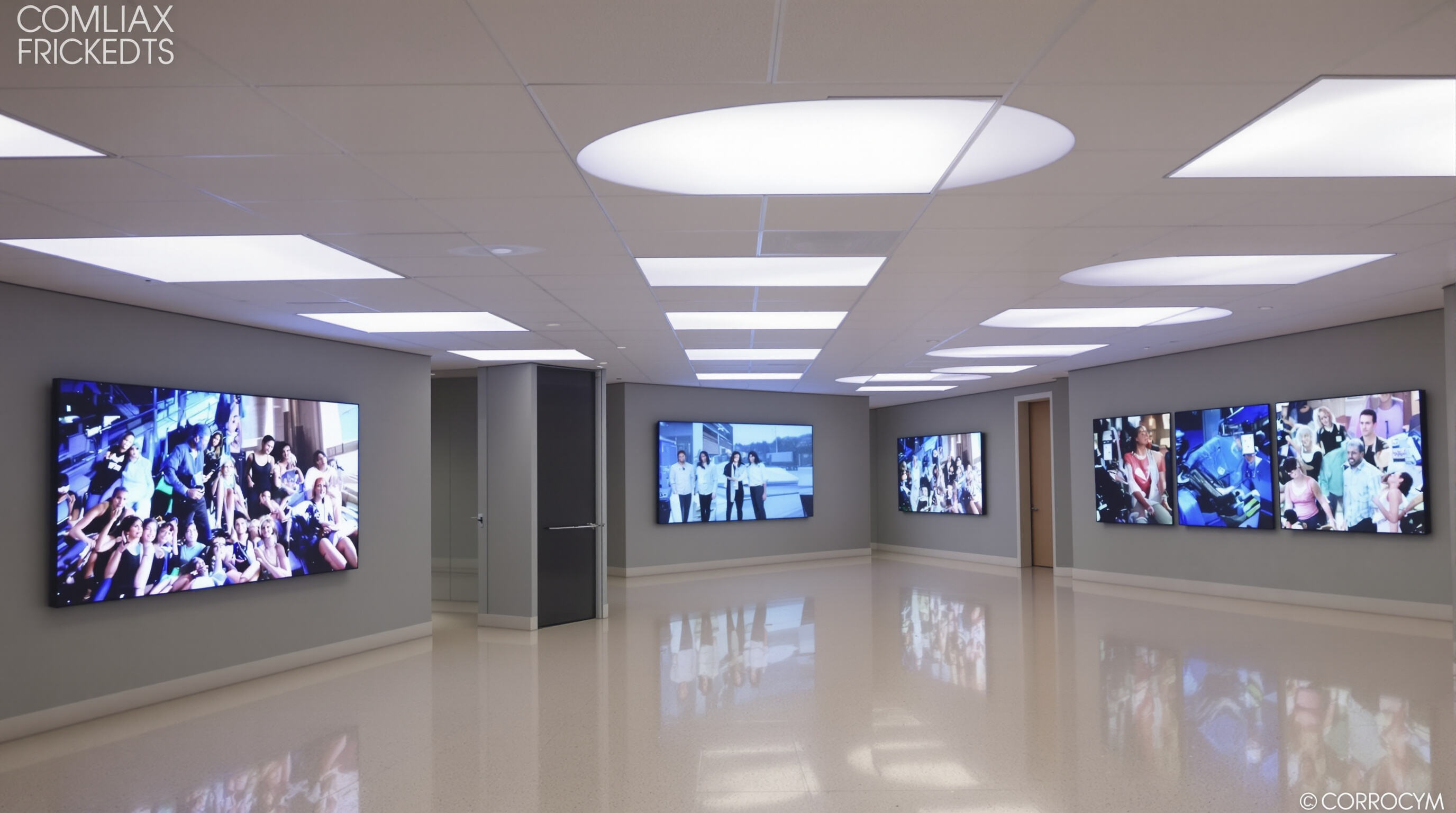 Indoor area with LED display panels showing adaptive brightness levels for efficient energy use