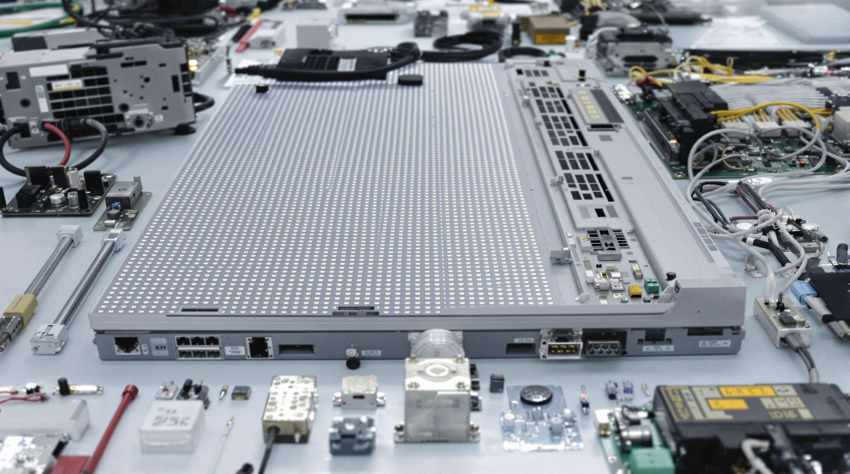 Close-up photo of various LED billboard components on a worktable, highlighting premium and standard hardware
