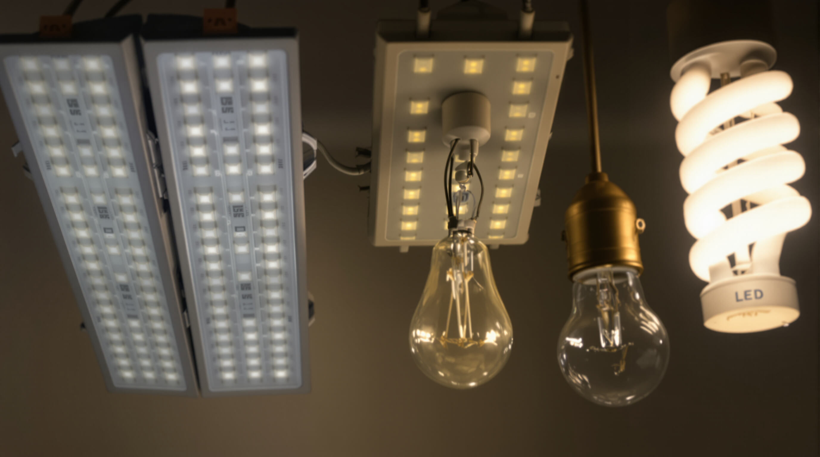 Comparison between LED, incandescent, and fluorescent bulbs showcasing their varying brightness and energy efficiency