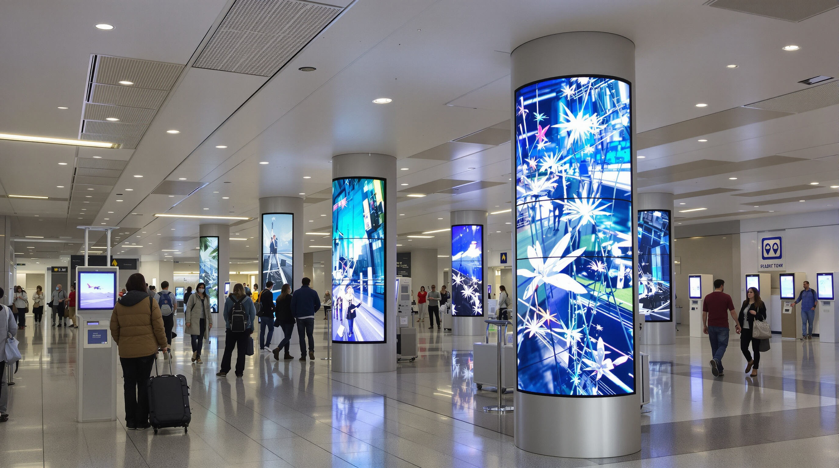 Airport corridor showing travelers using interactive LED video walls and kiosks